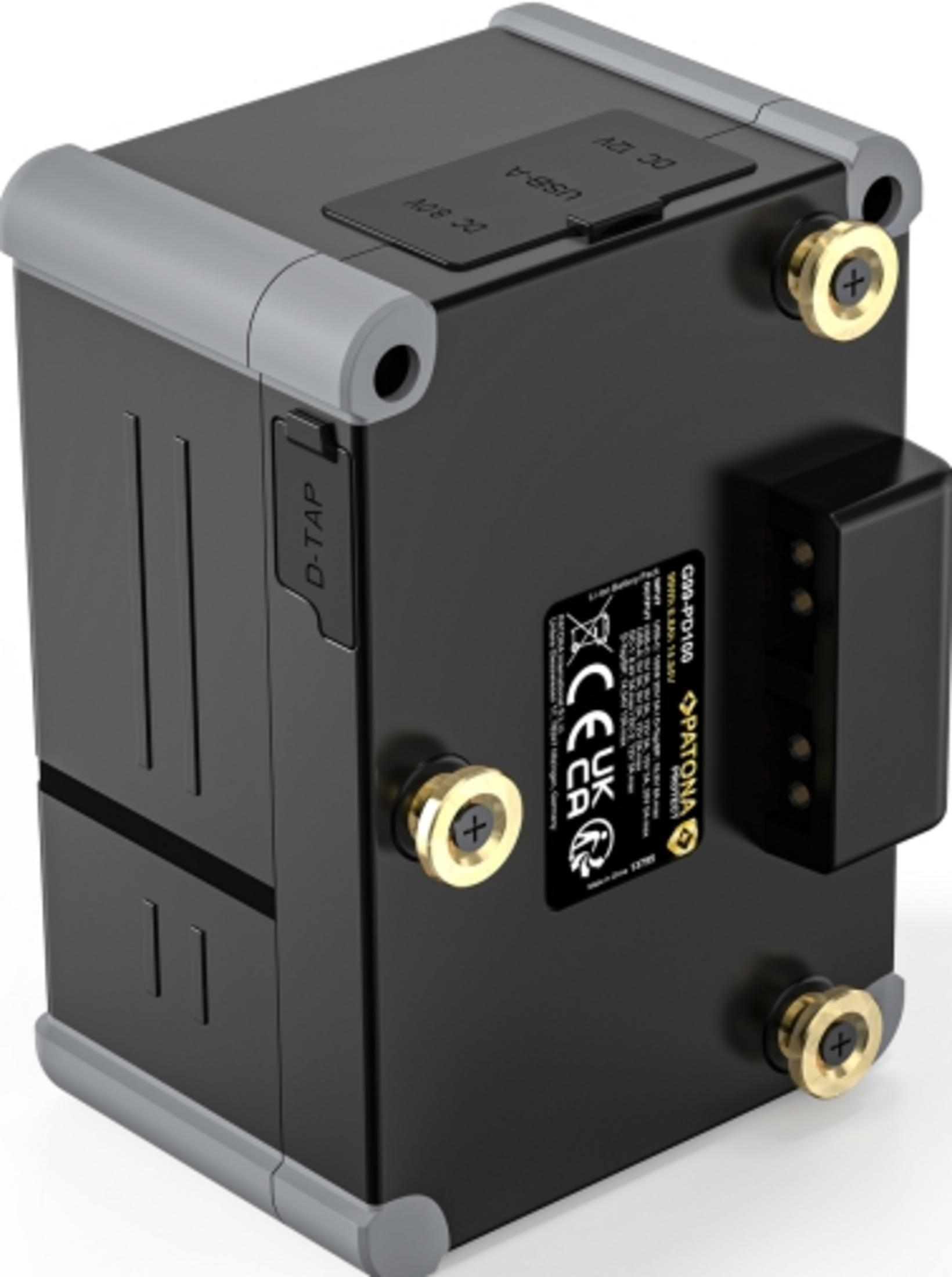 Batteria nera con bordi grigi, porte D-TAP, USB e DC.