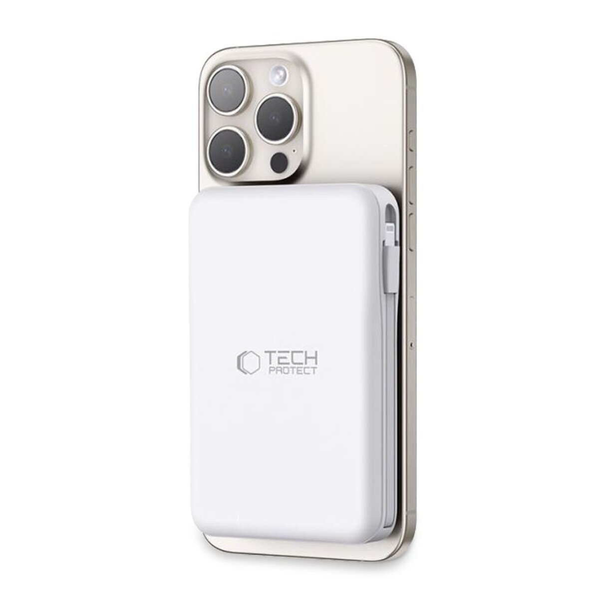 Ein weißes Powerbank-Ladegerät ist auf der Rückseite eines iPhones befestigt.