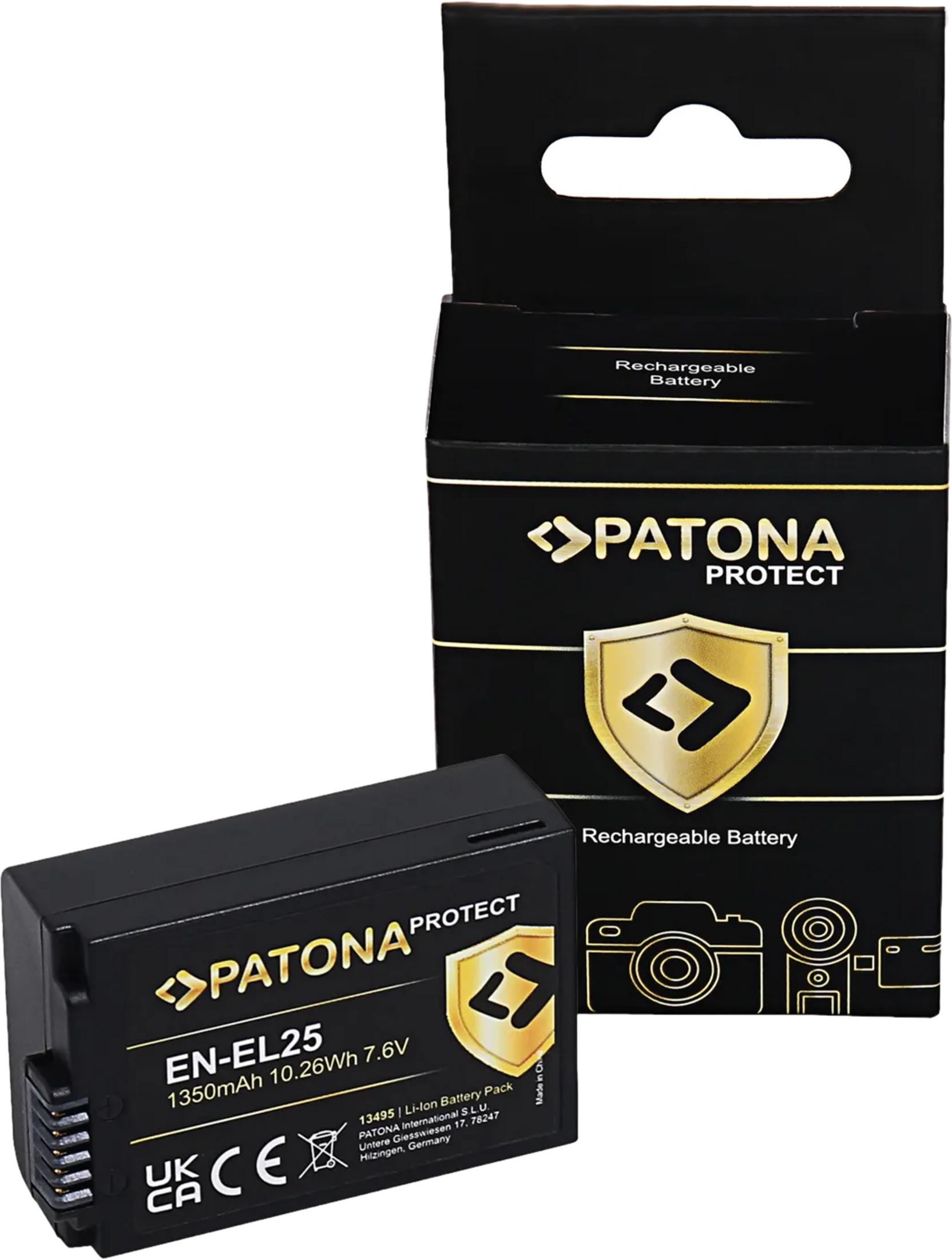 Una batteria nera e la sua confezione con logo PATONA e specifiche.