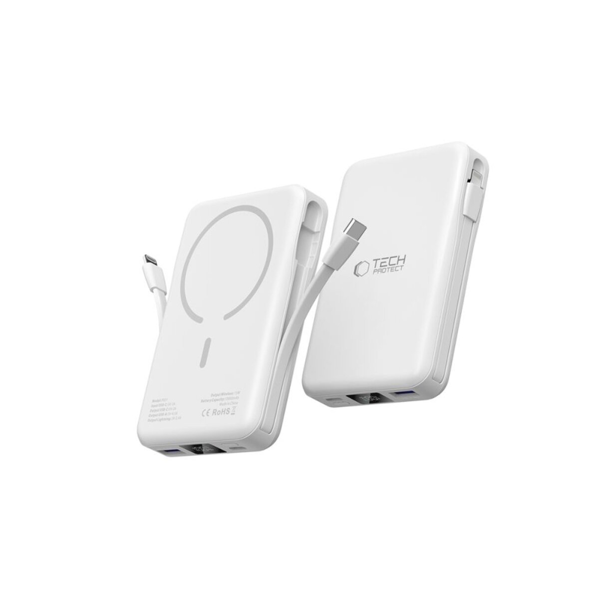 Zwei weiße Powerbanks mit Kabeln auf weißem Hintergrund.