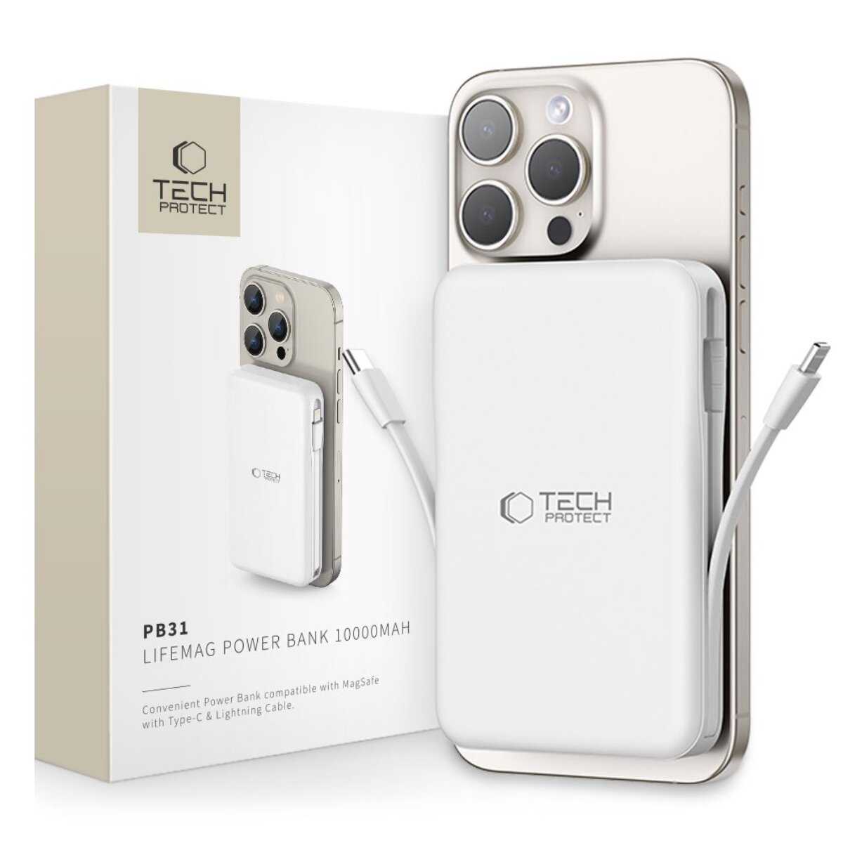 Weiße Tech Protect Powerbank, an goldenem Handy befestigt, mit Kabeln.