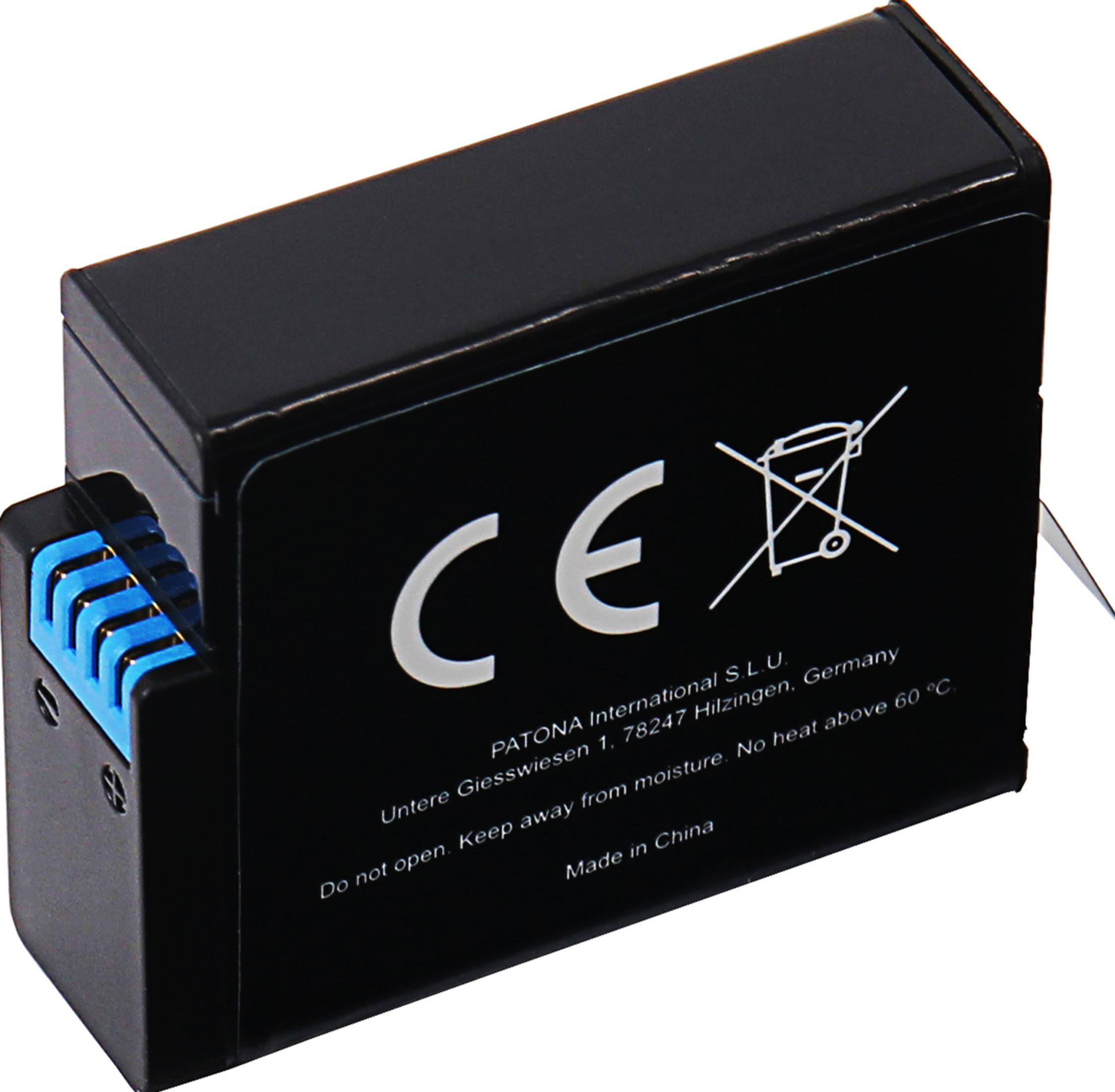 Batteria nera con connettori blu e marchio CE.