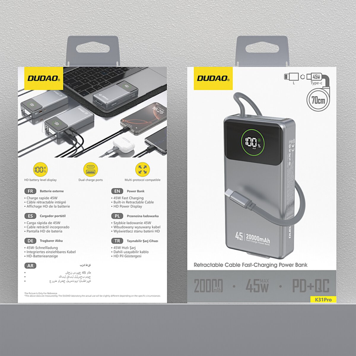 DUDAO Powerbank mit 20000mAh, 45W, einziehbarem Kabel und HD Display.
