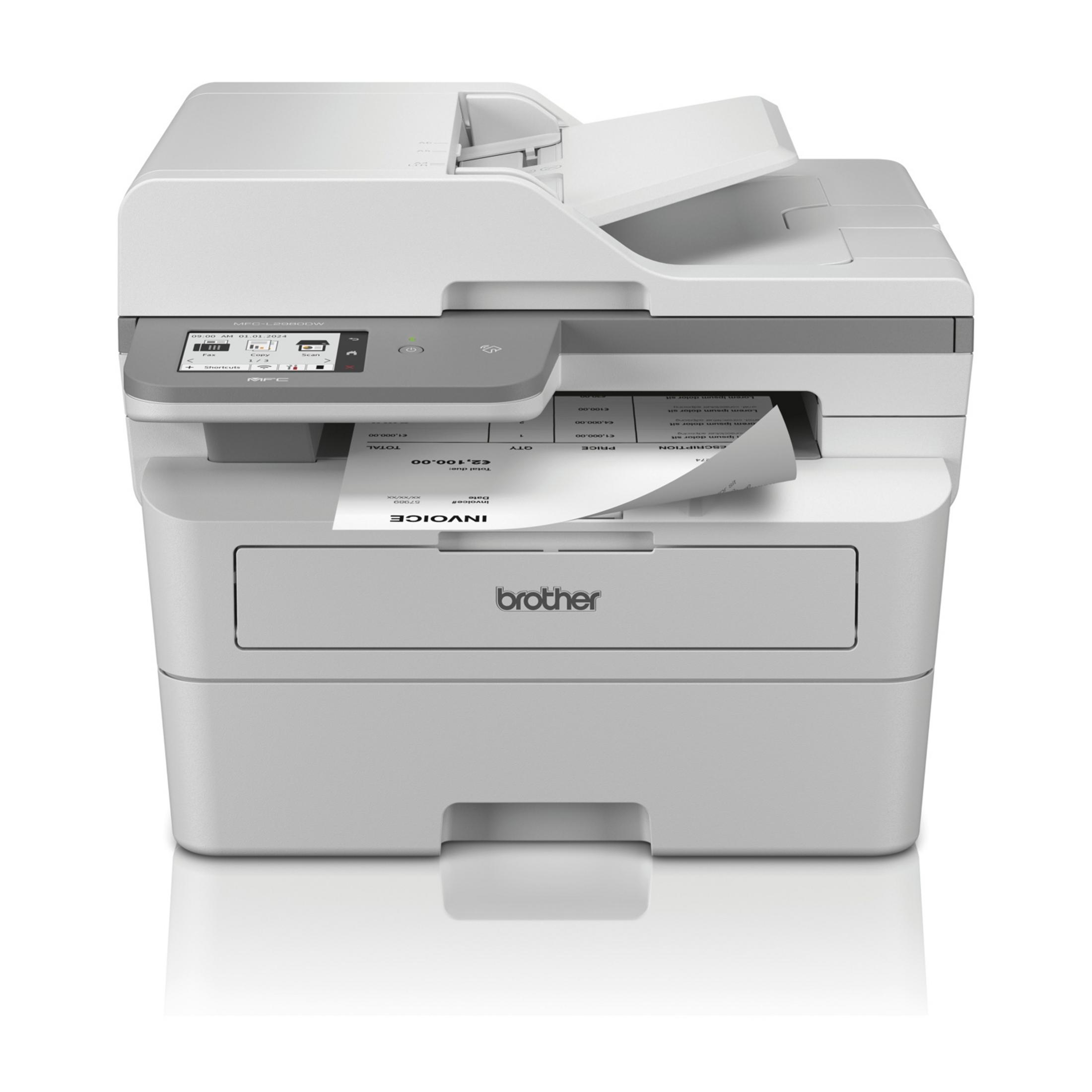 Biała drukarka wielofunkcyjna Brother z wydrukowanym rachunkiem wychodzącym z górnej tacy.