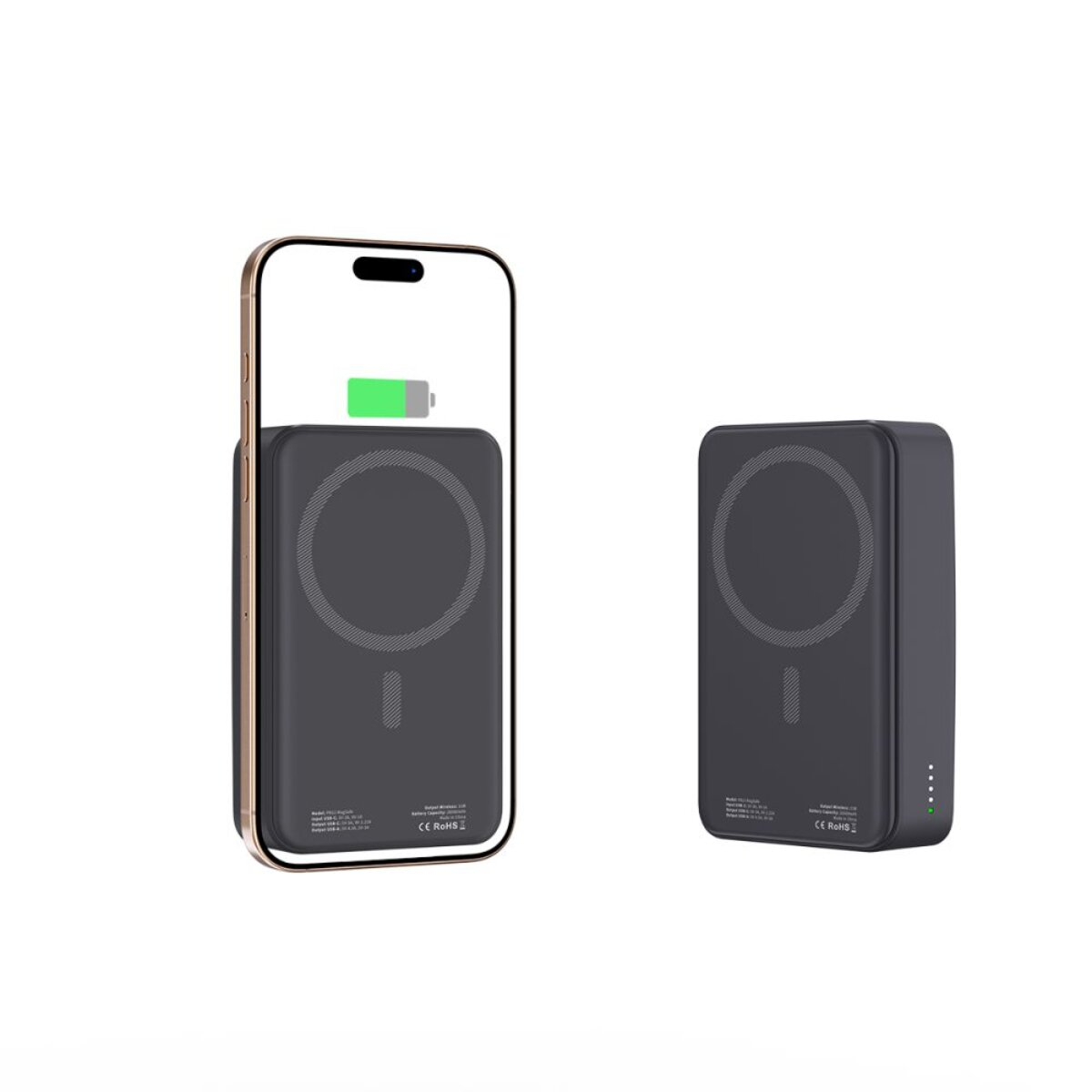 Ein schwarzes iPhone mit einem kabellosen Ladegerät. Daneben ein weiteres Ladegerät.