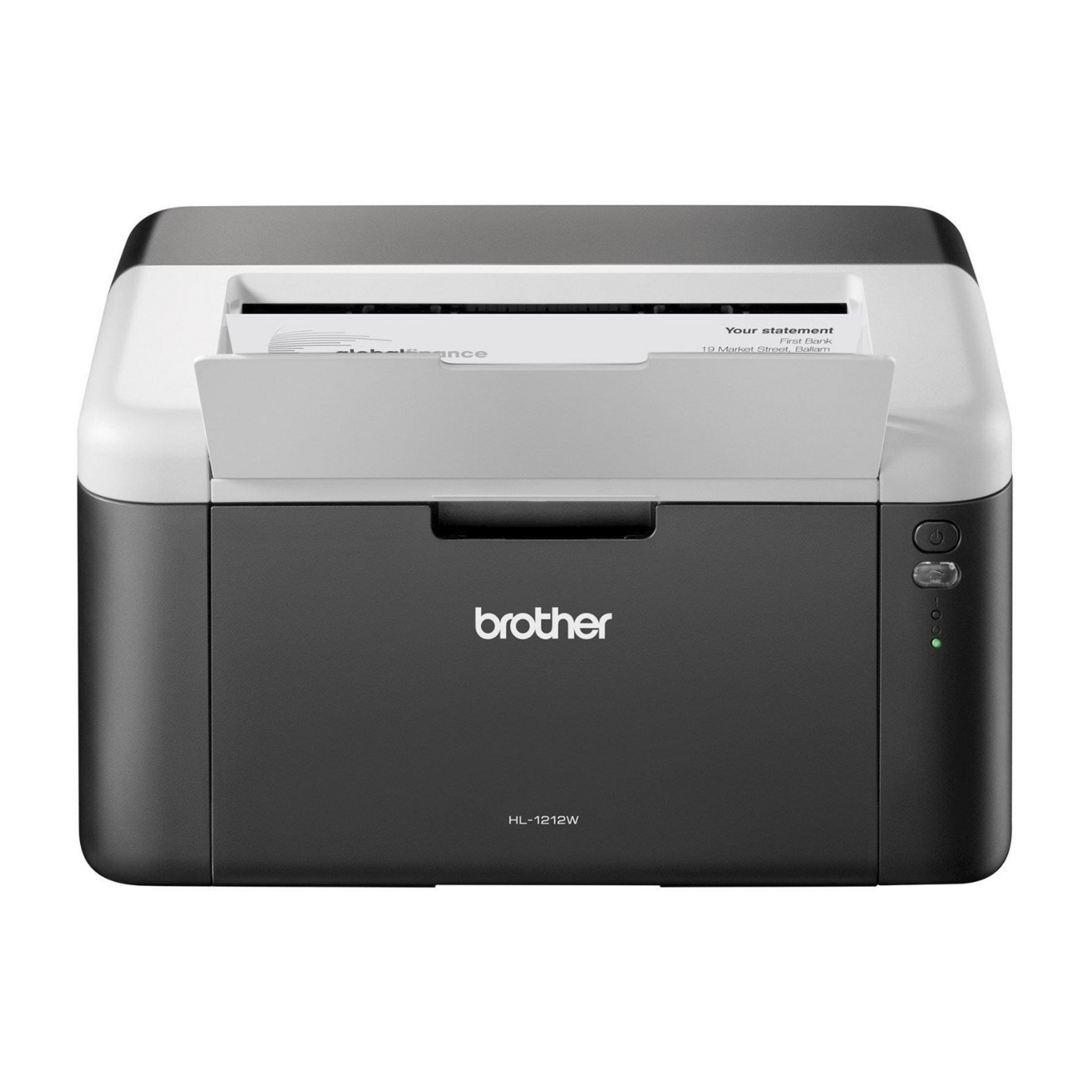 Una stampante laser Brother HL-1212W bianco e nero su sfondo bianco.