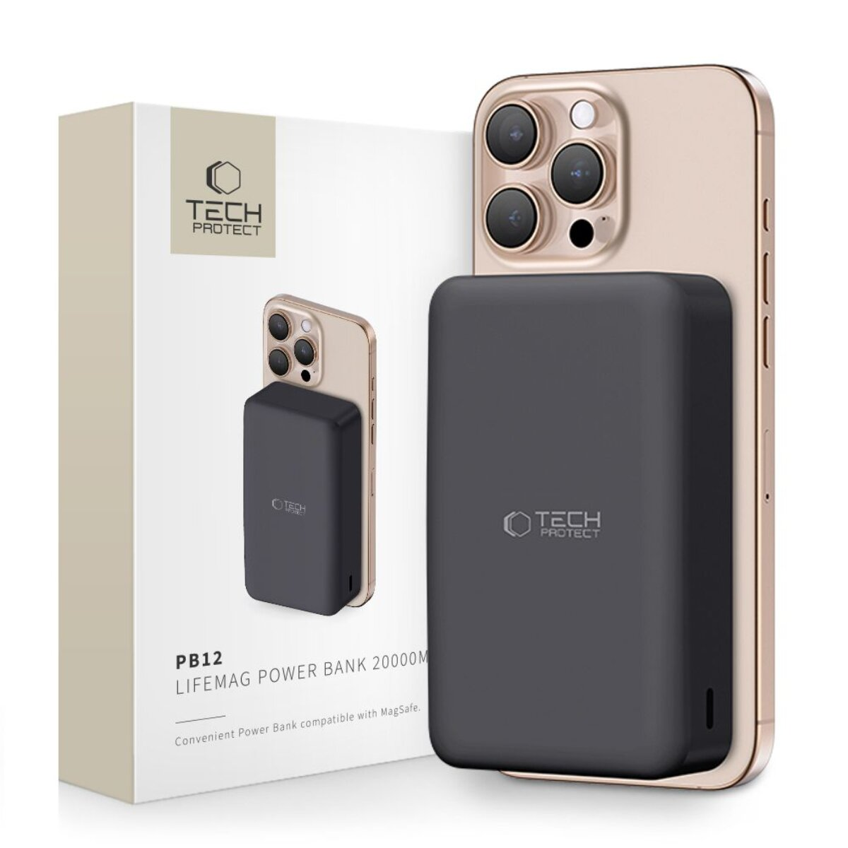 Goldenes Smartphone mit schwarzer Ladebank, neben einer Verpackung.