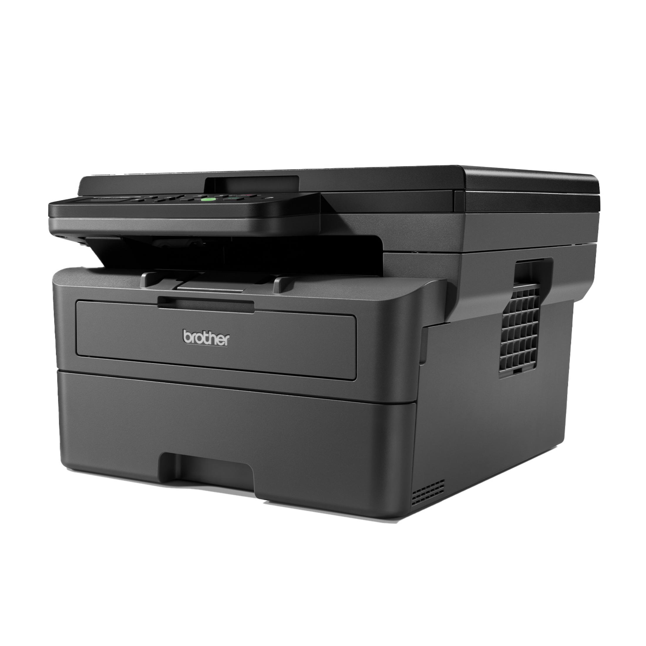 Czarna drukarka Brother z podajnikiem papieru i skanerem.