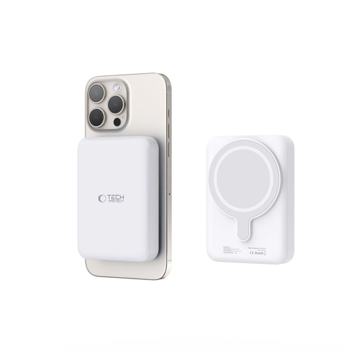 Weißes Smartphone mit weißem magnetischem Ladegerät auf der Rückseite und separat daneben.