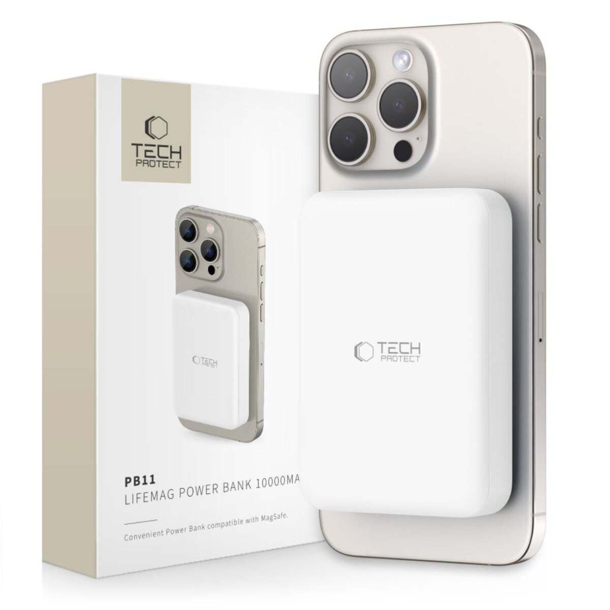 Weiße Powerbank mit Tech Protect Logo auf einem iPhone, daneben die Verpackung.