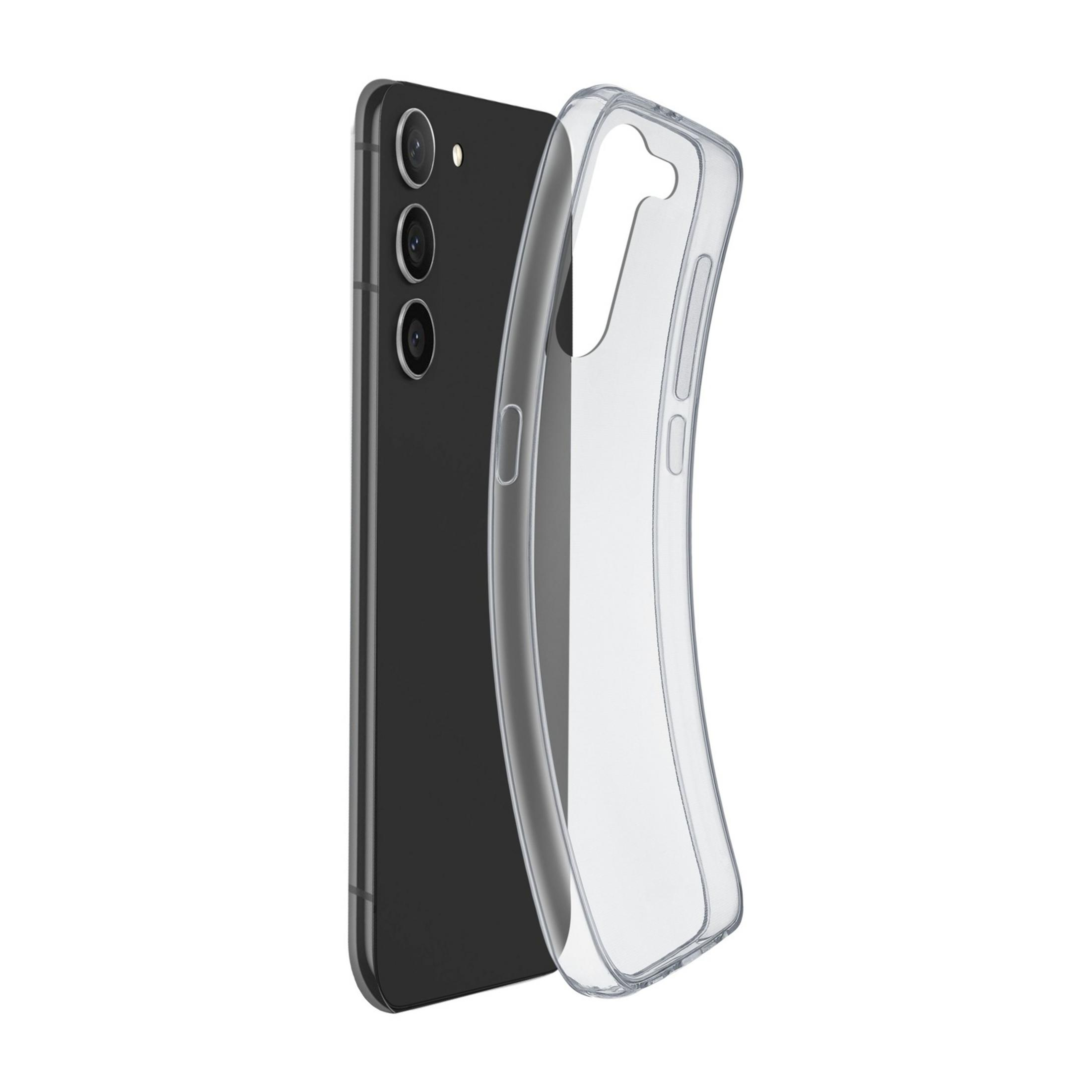 Un smartphone negro con tres cámaras, junto a una funda protectora transparente.