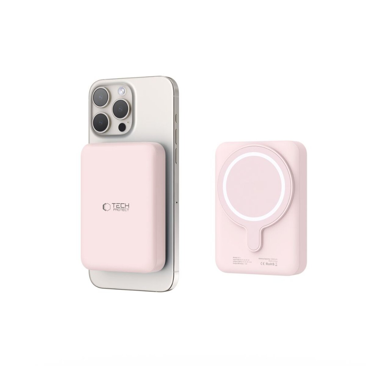 Ein pinkes iPhone mit angebrachtem Ladeakku und daneben ein Ladeakku.