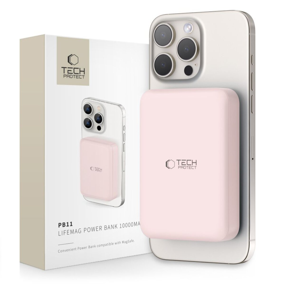 Pinkes Tech Protect Powerbank an iPhone befestigt. Box daneben.