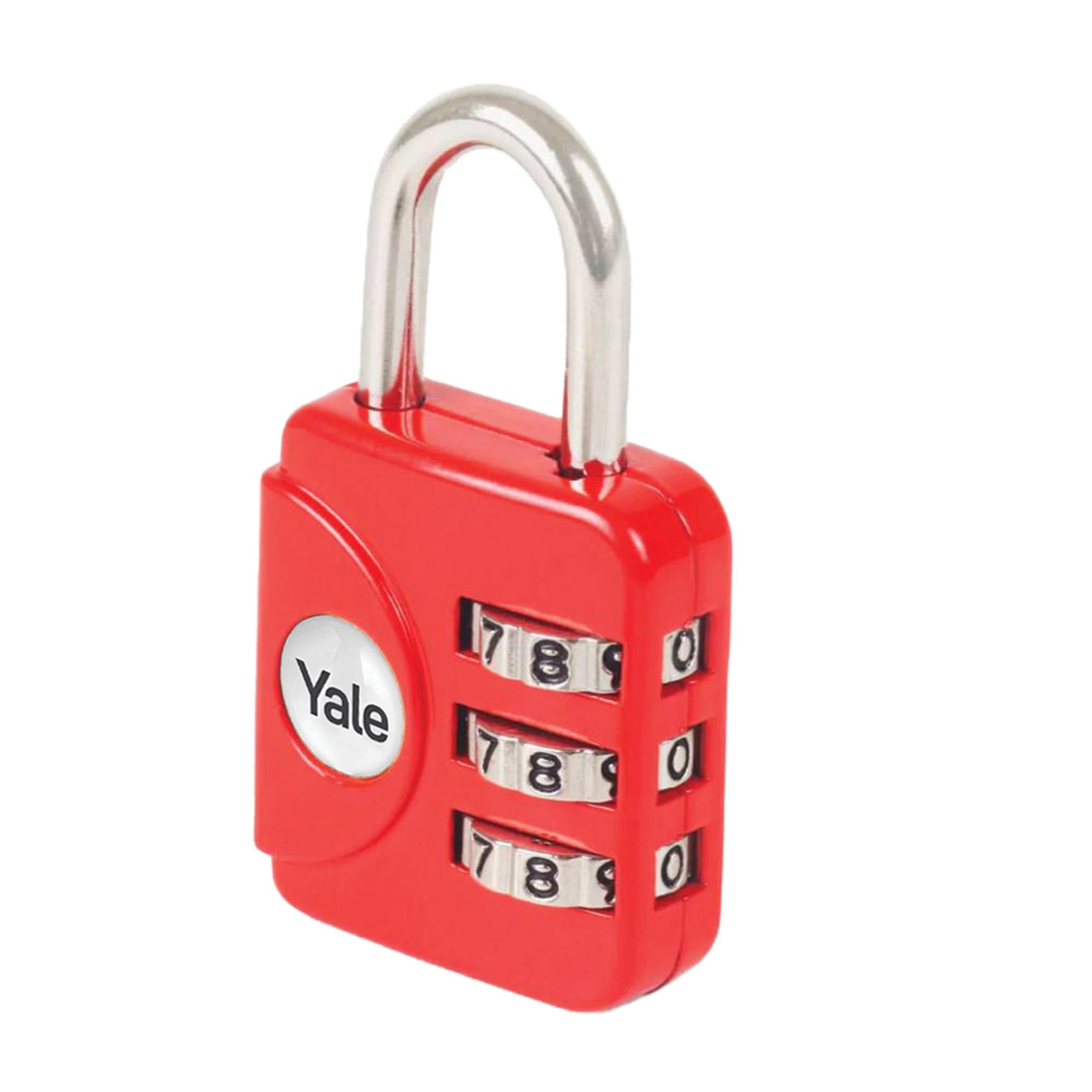 Un lucchetto a combinazione Yale rosso con arco argentato.