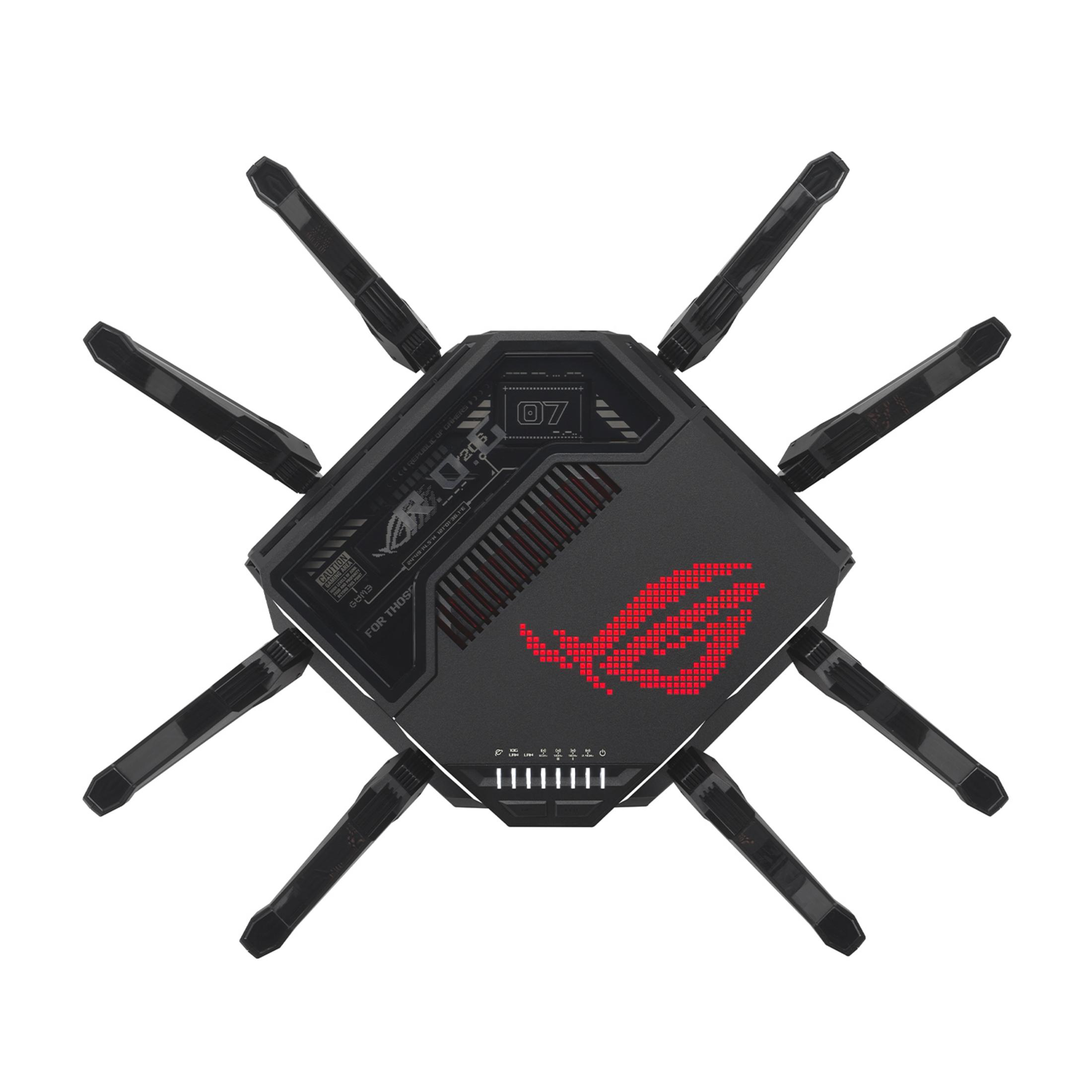 Czarny router z ośmioma antenami i czerwonym logo ROG. Białe światła wskazują status.
