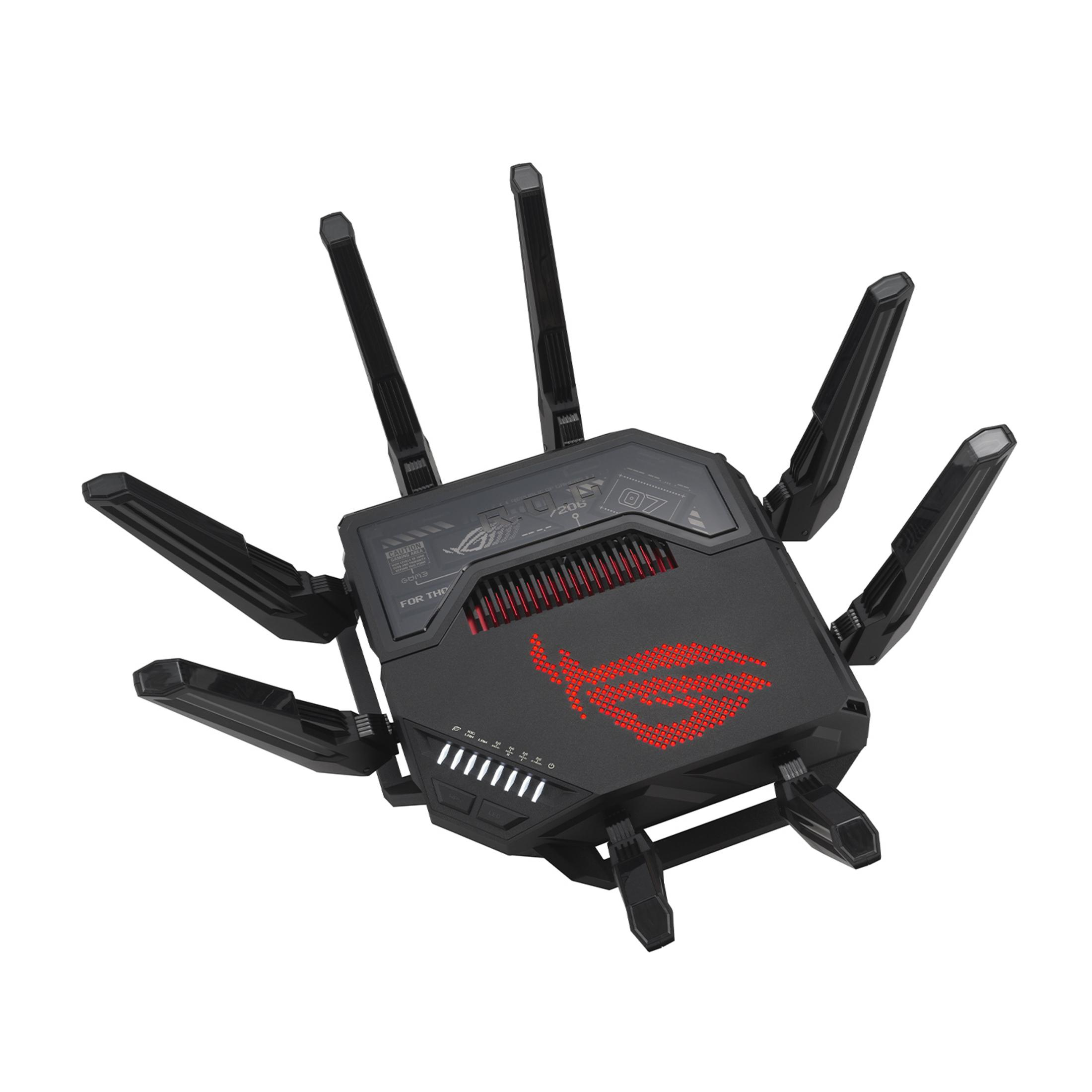 Czarny router z czerwonymi akcentami i ośmioma antenami, na białym tle.