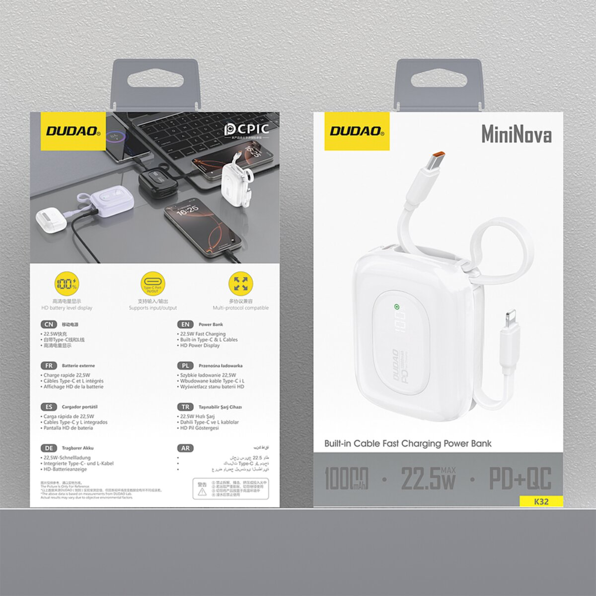 DUDADOs Powerbank mit integrierten Kabeln, 22.5W, PD+QC, 10000mAh.