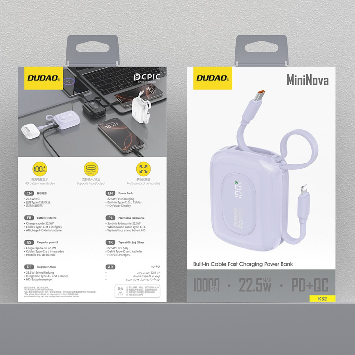 DUDAO MiniNova Powerbank mit integriertem Kabel, 22.5W, PD+QC.