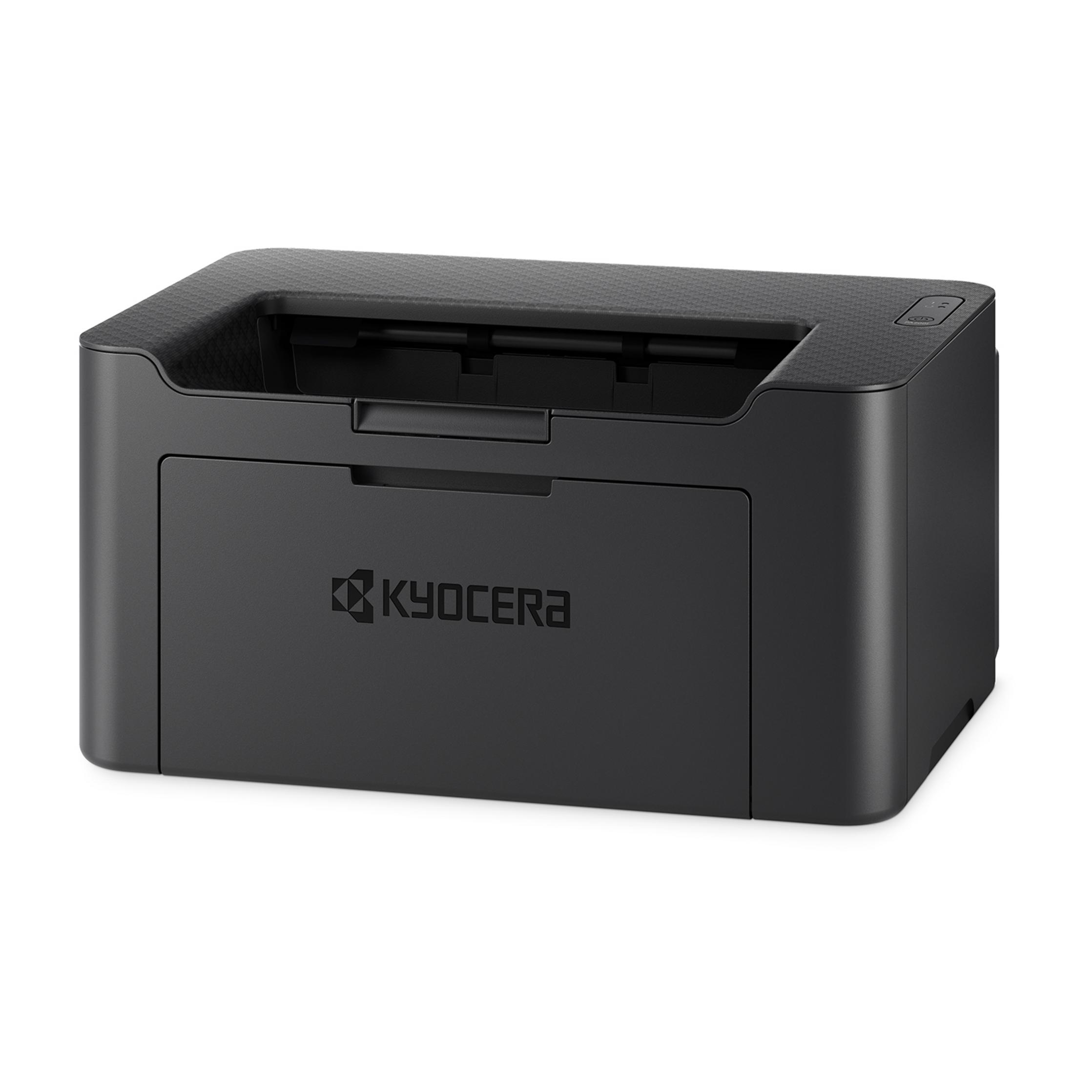 Una stampante Kyocera nera con pannello di controllo e vassoio di uscita.