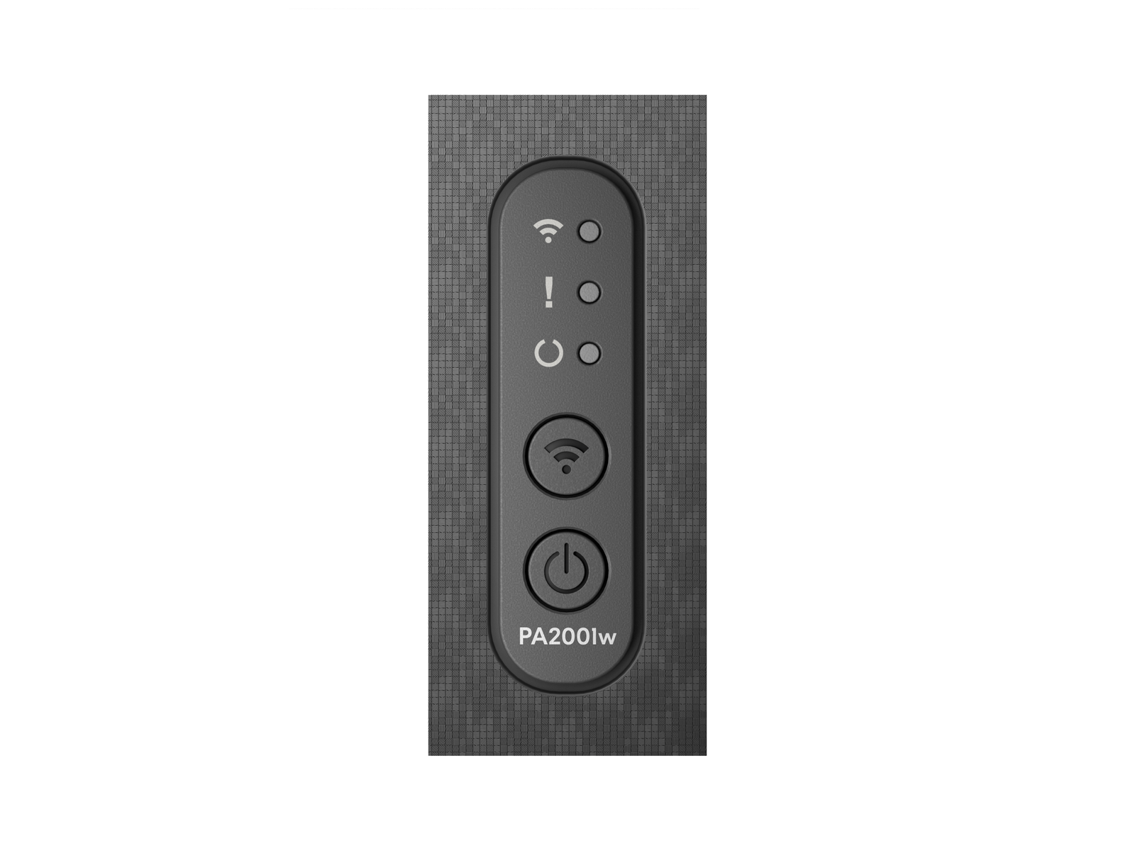Telecomando nero con scritta PA2001w e pulsanti.
