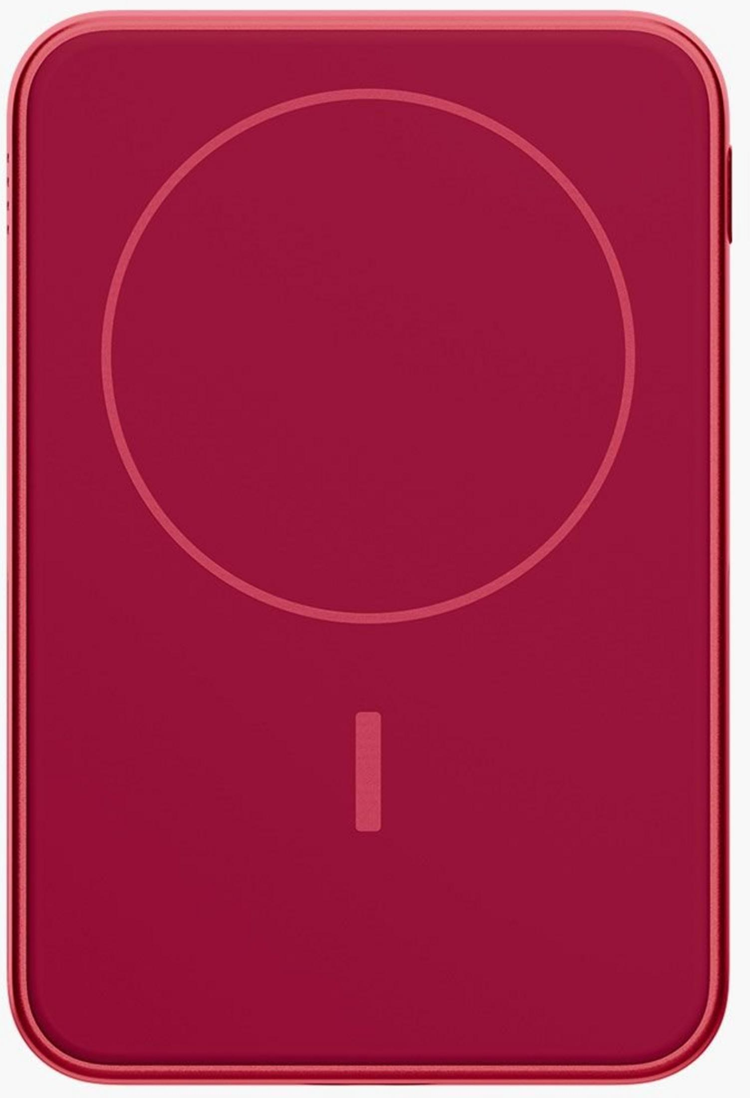 Custodia rossa con disegno circolare e accento a linea verticale.