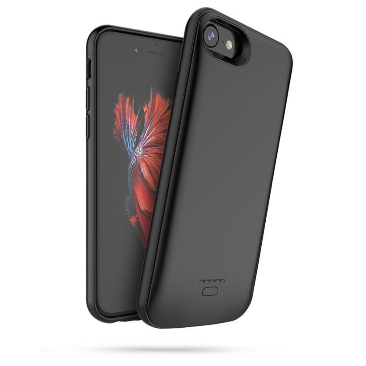 Ein schwarzes Smartphone mit einem roten Fisch auf dem Bildschirm liegt neben einer schwarzen Hülle.