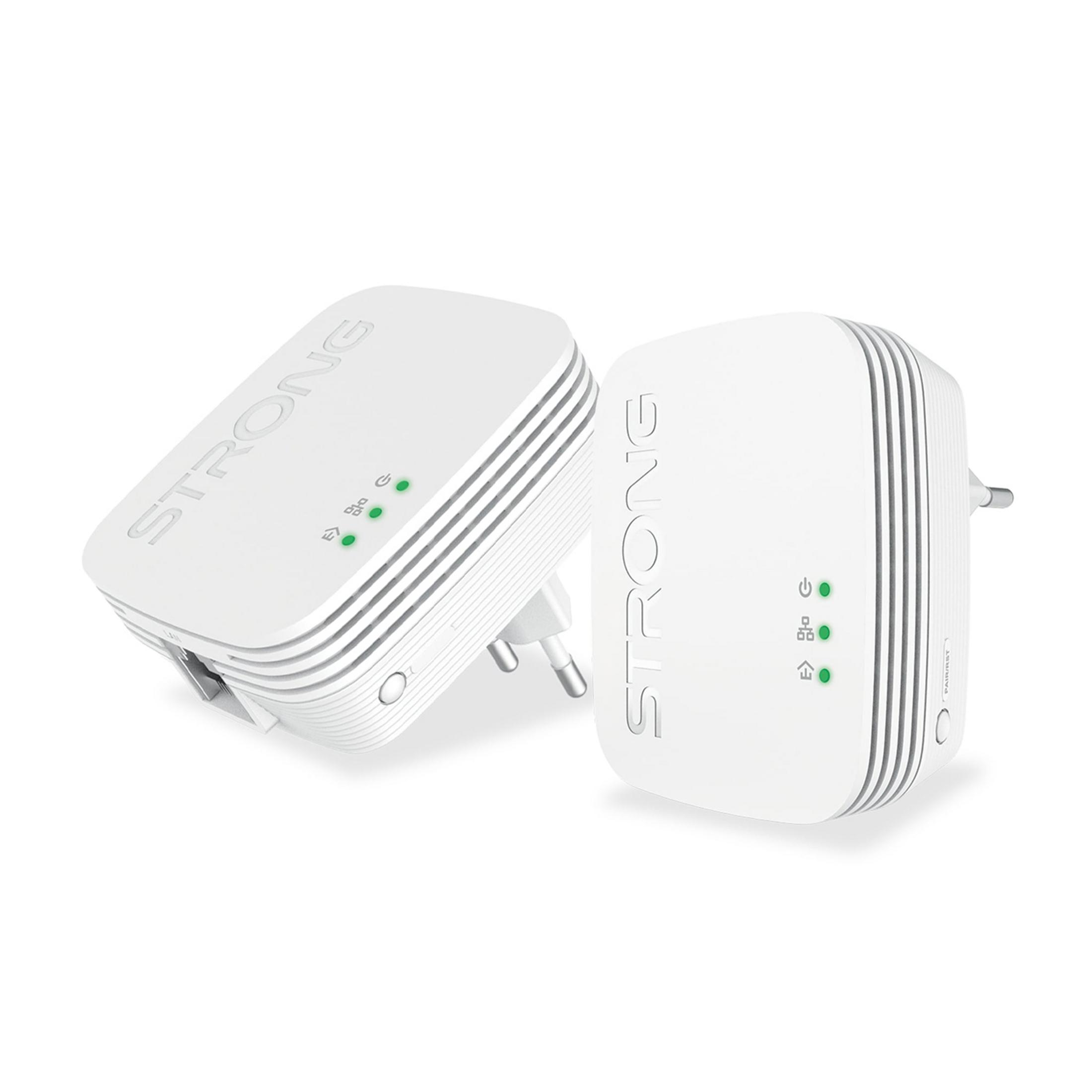 Dwa białe urządzenia STRONG ze wskaźnikami LED i portem LAN.