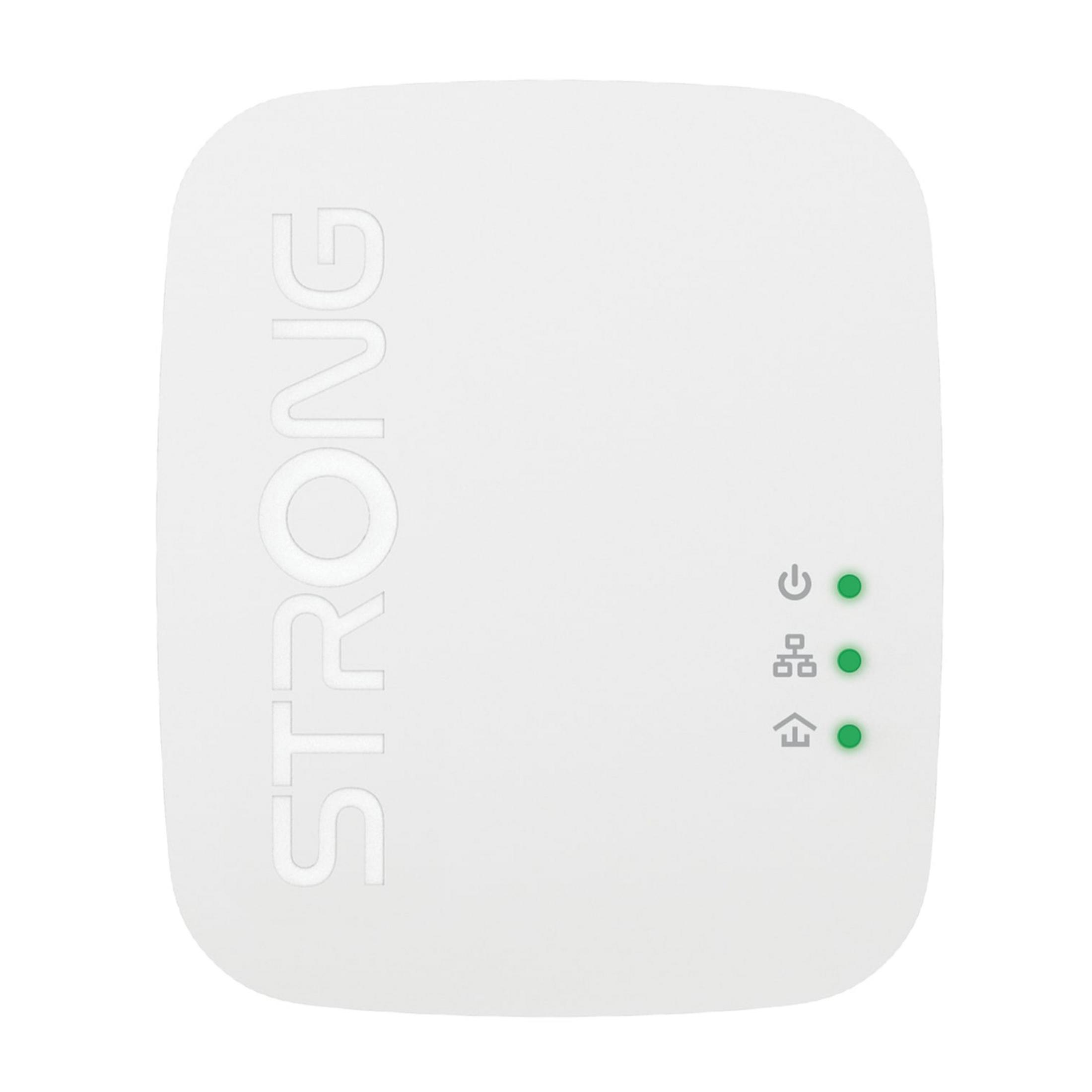 Białe urządzenie z logo "STRONG" i trzema zielonymi diodami.