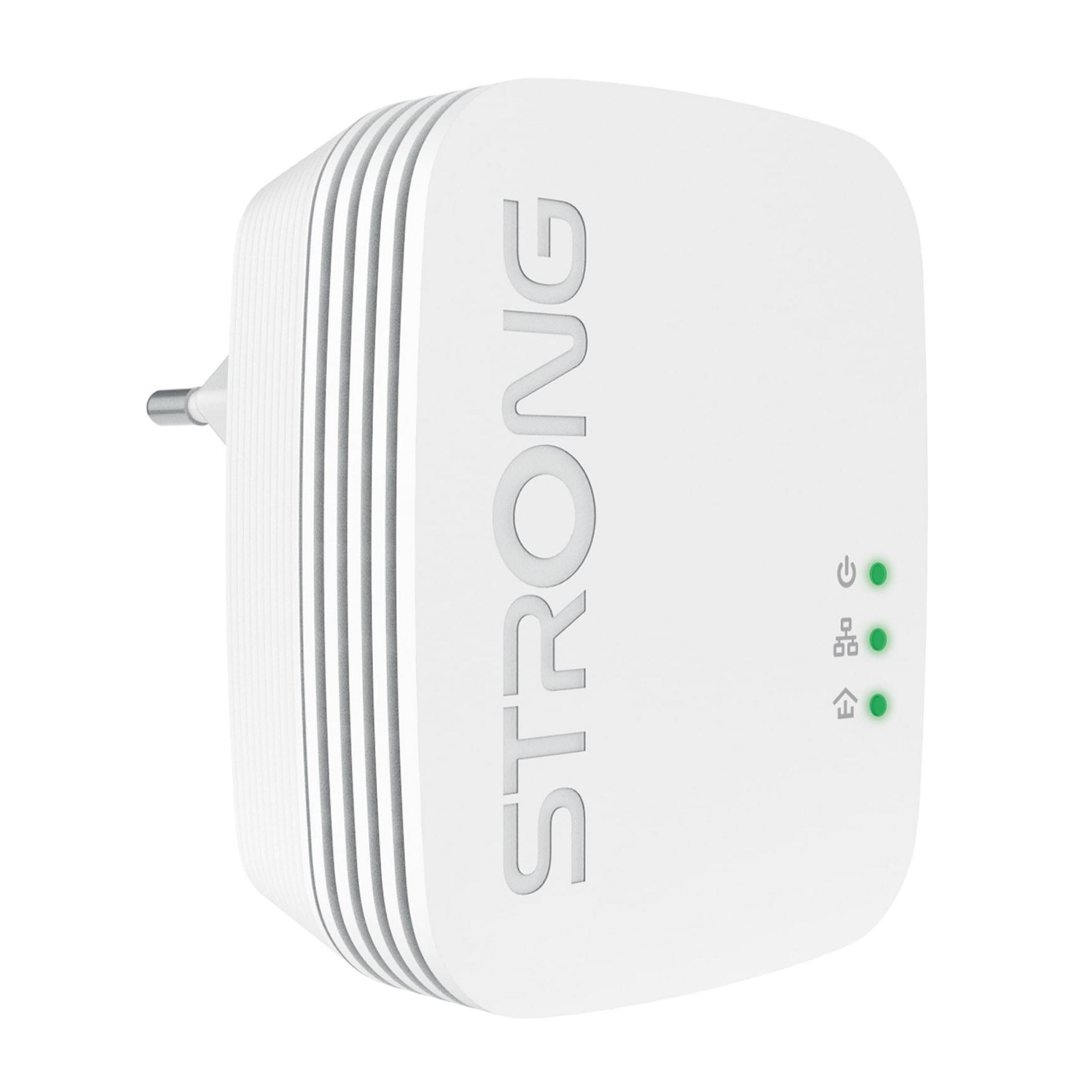 Biała wtyczka z logo STRONG i trzema zielonymi diodami LED.