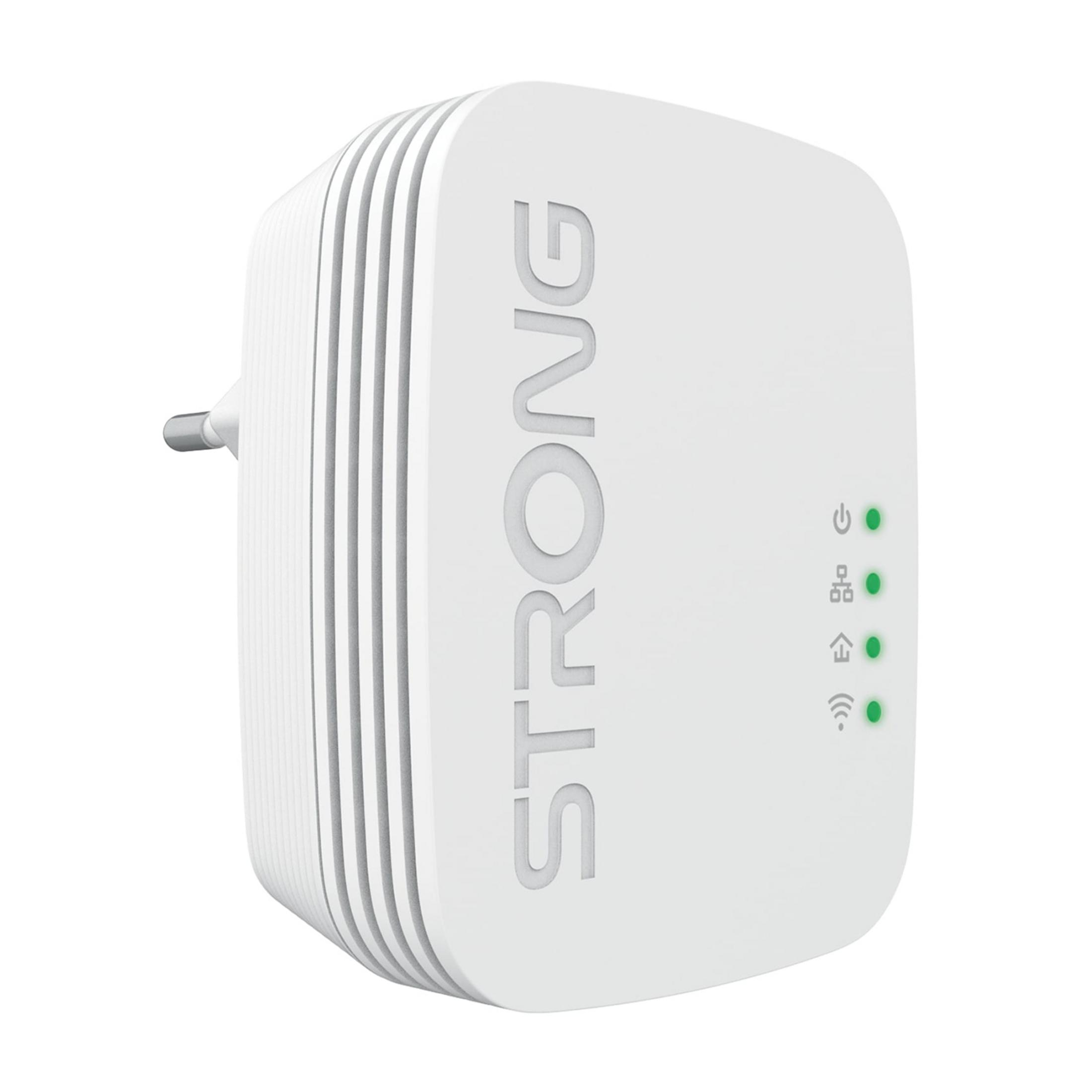 Un dispositivo STRONG bianco con spie luminose e spina.