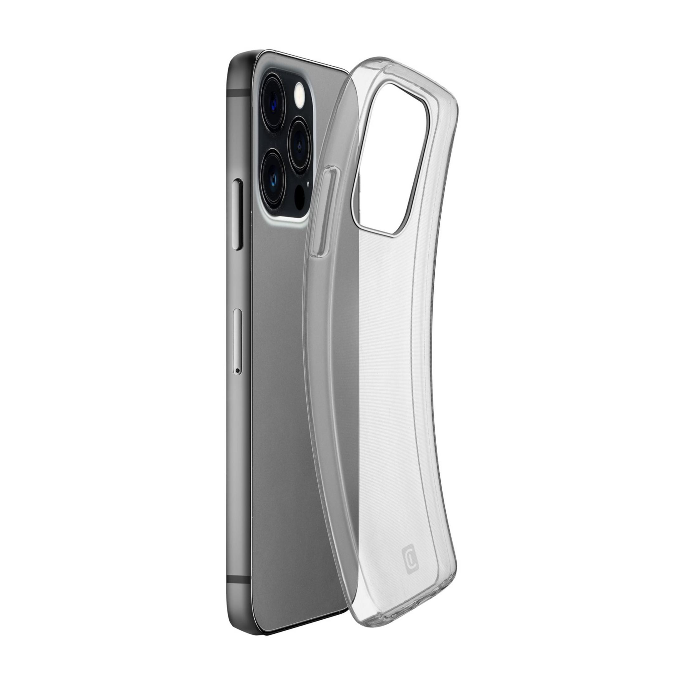 Una custodia trasparente per telefono giace accanto a uno smartphone argentato.