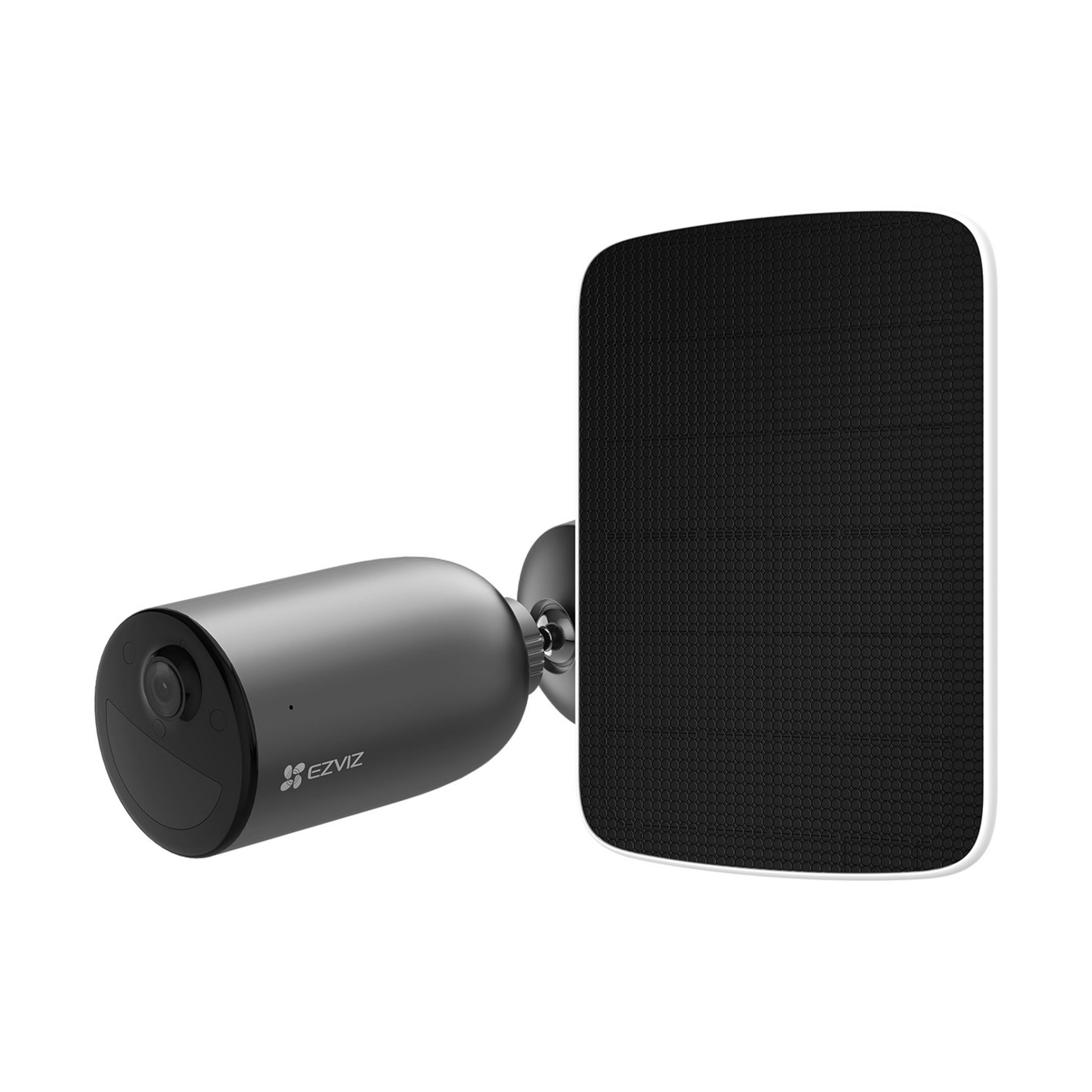 Czarna kamera bezpieczeństwa z odłączanym panelem słonecznym.