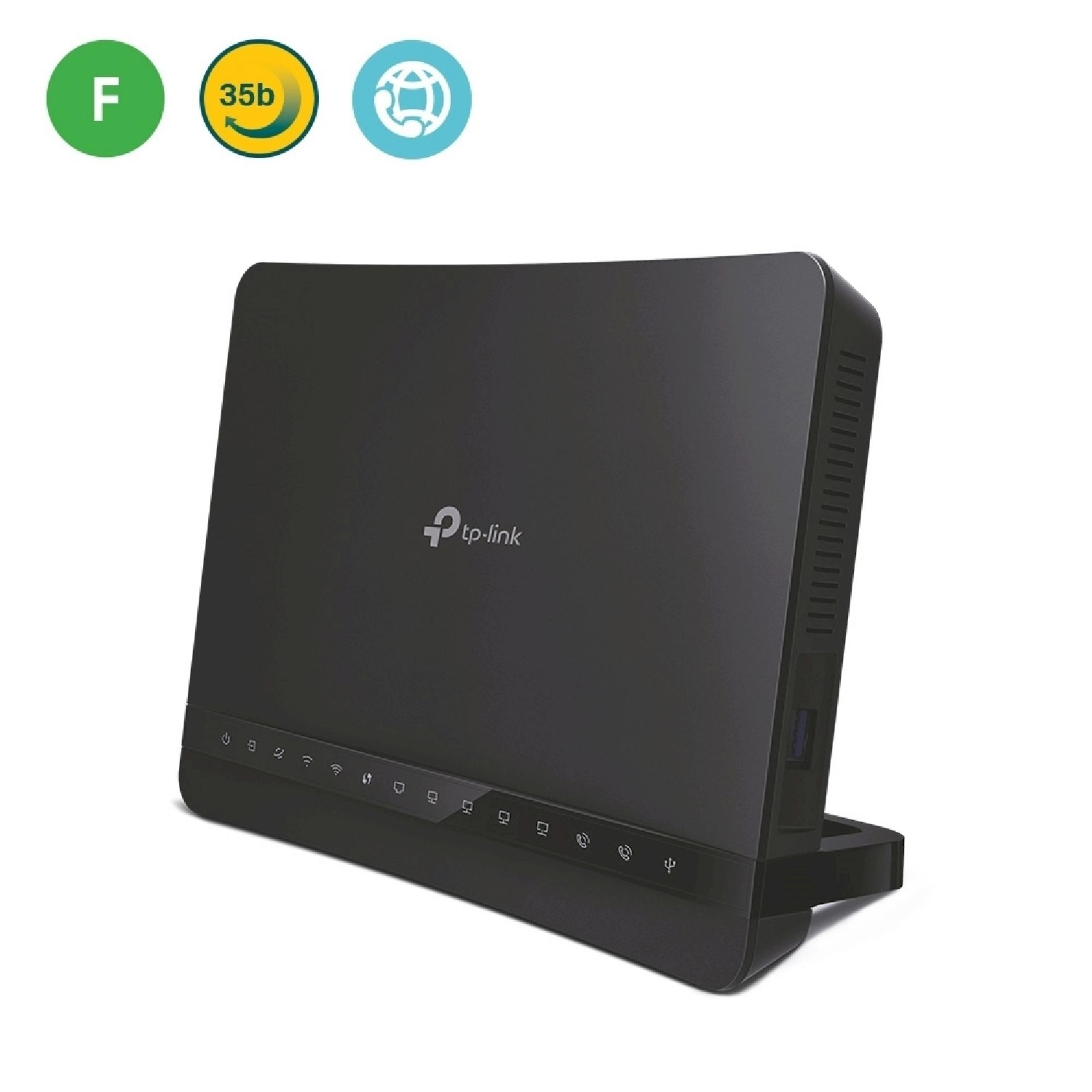 Schwarzer TP-Link Router mit Statusanzeigen und Logos.