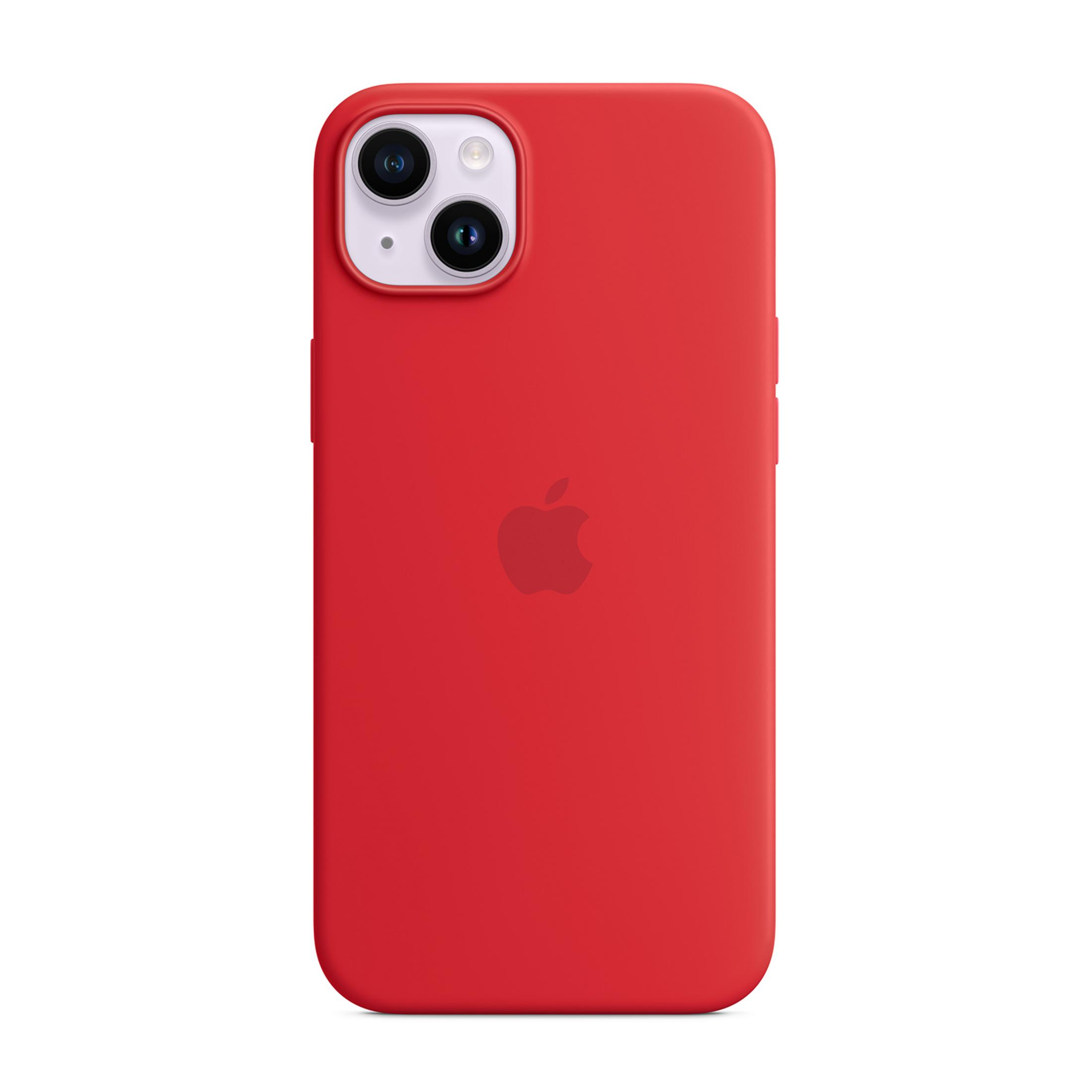 Rode iPhone hoes met Apple logo en camera-uitsparing.