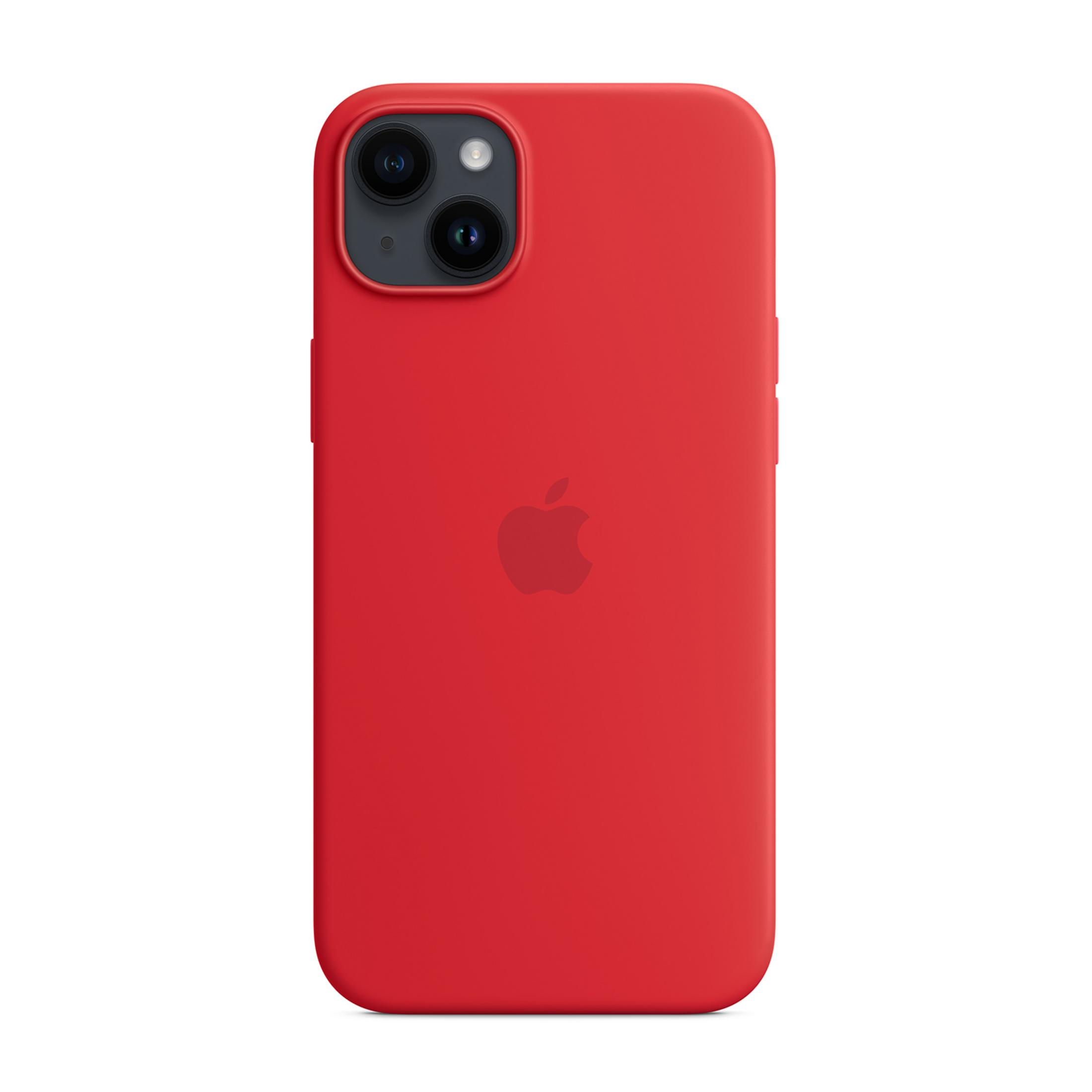 Rode iPhone met Apple-logo en camera op witte achtergrond.