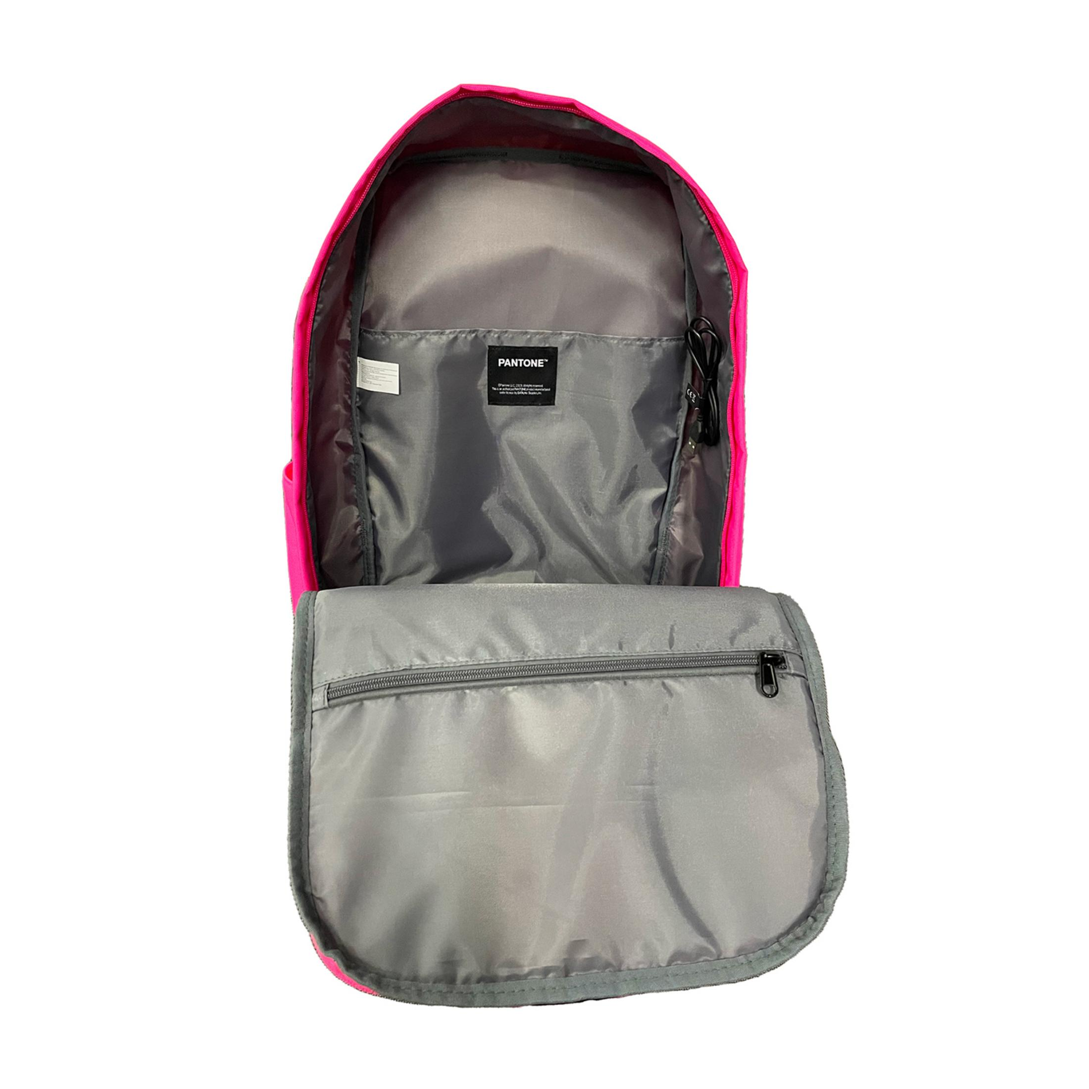 Ein pinker Rucksack, offen, mit grauem Innenfutter und Reißverschluss.