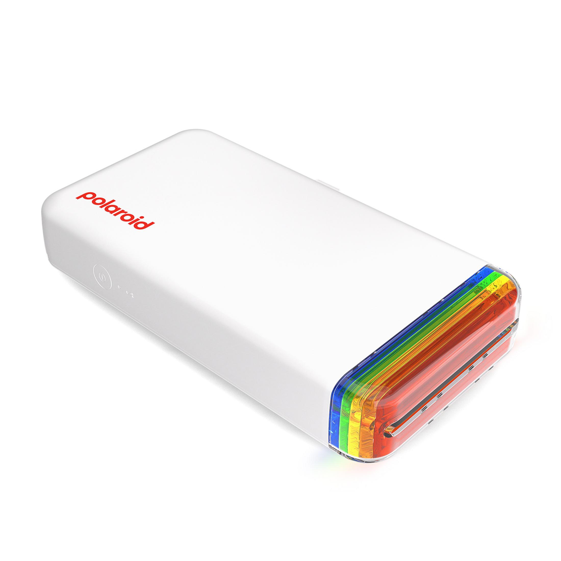 Ein weißes Polaroid-Gerät mit Regenbogenstreifen am Ende auf weißem Hintergrund.