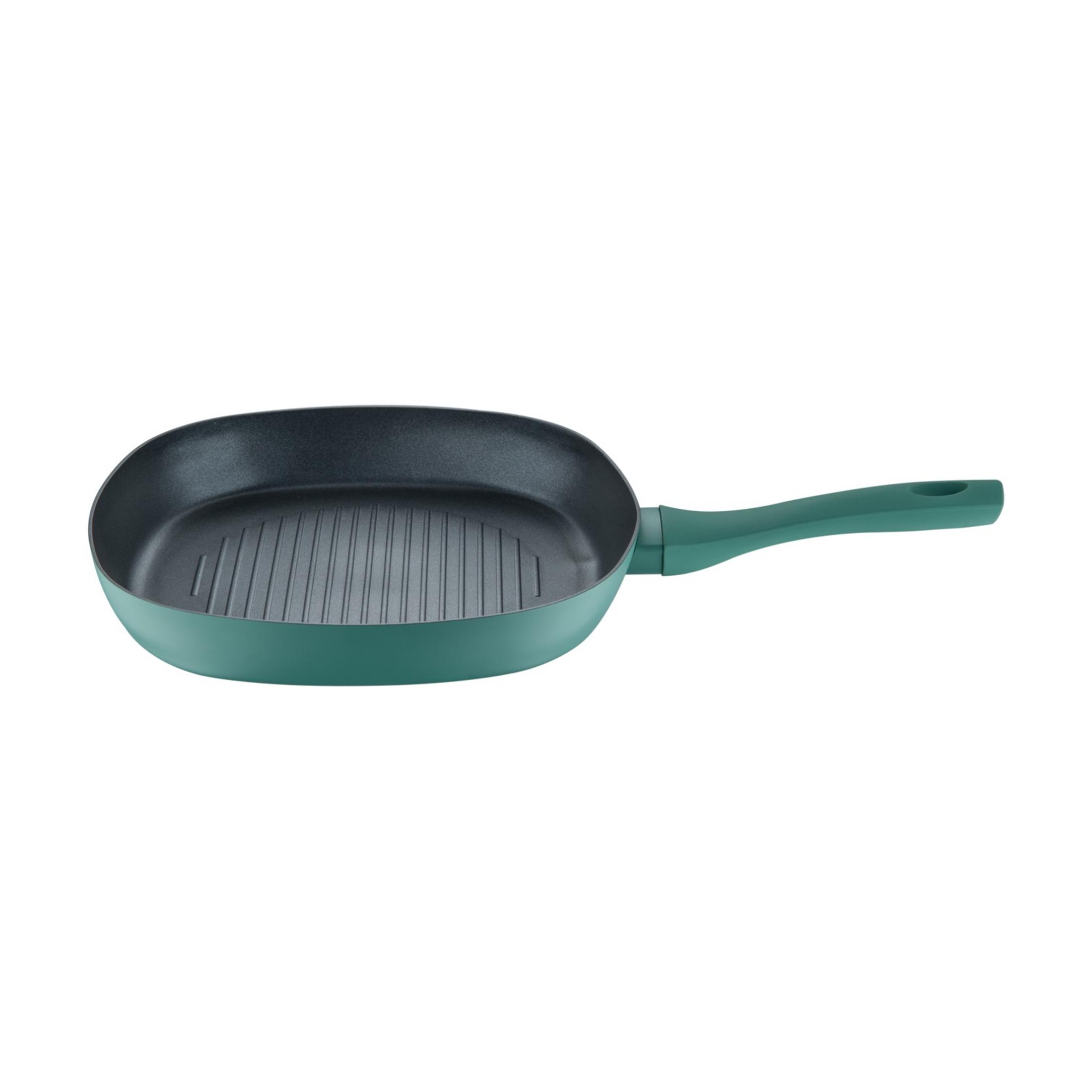 Una sartén grill verde con interior acanalado y un asa.