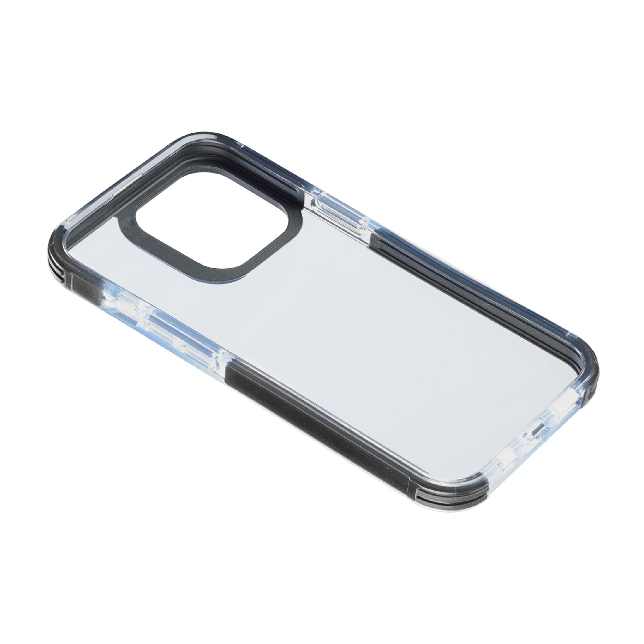 Una custodia trasparente per telefono con bordo nero e ritaglio per fotocamera, su sfondo bianco.