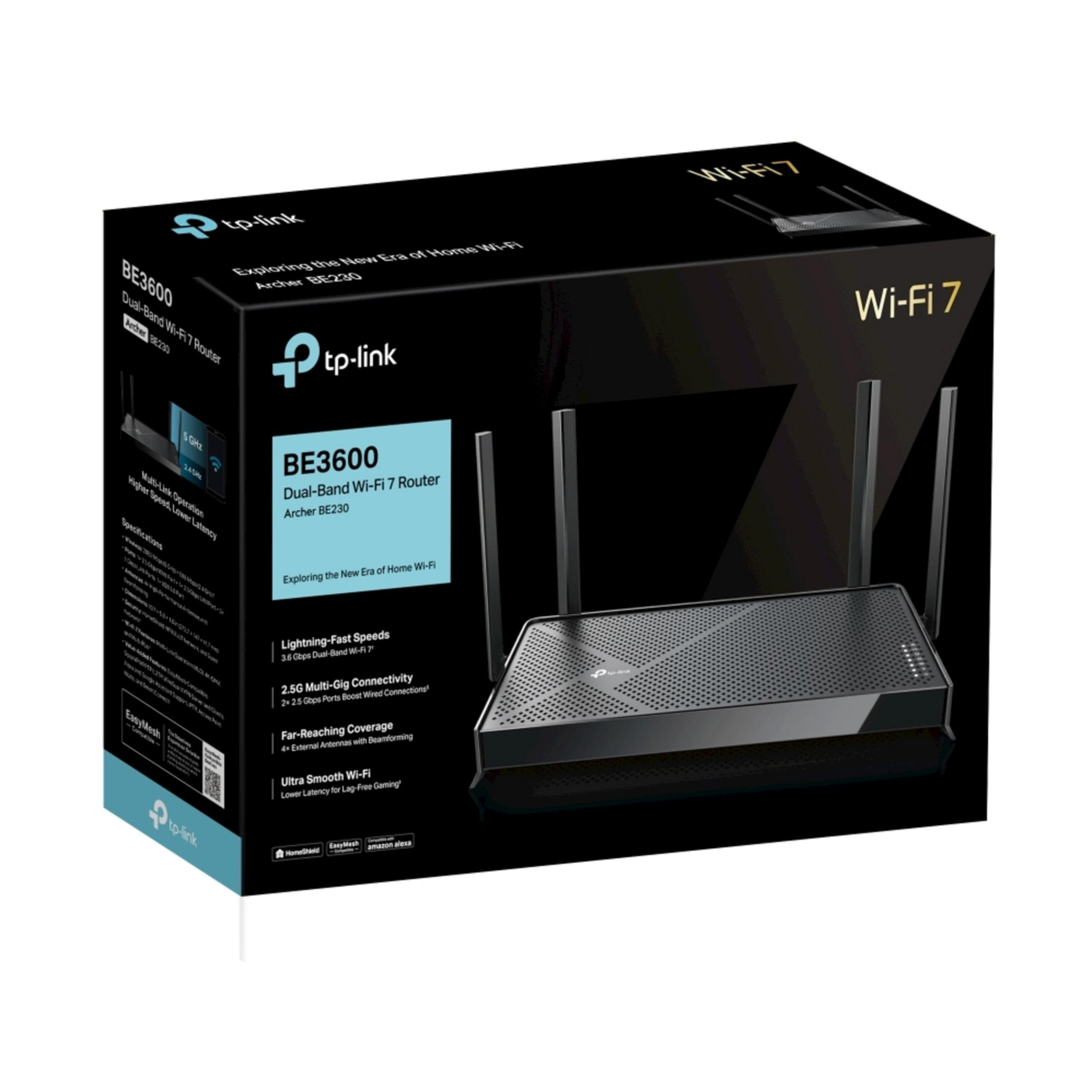 Router TP-Link BE3600 Dual-Band Wi-Fi 7 z 4 antenami na czarnym opakowaniu.