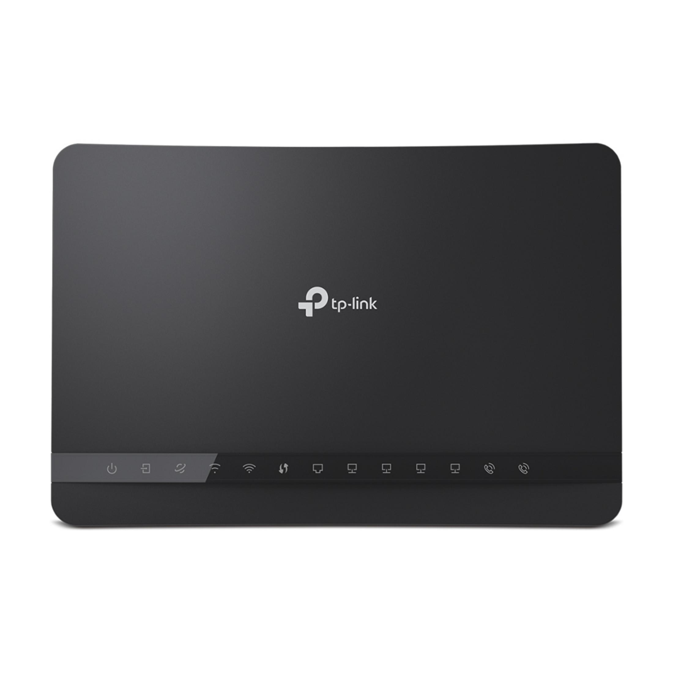 Schwarzer TP-Link Router mit Symbolen für Strom, Internet und WLAN.