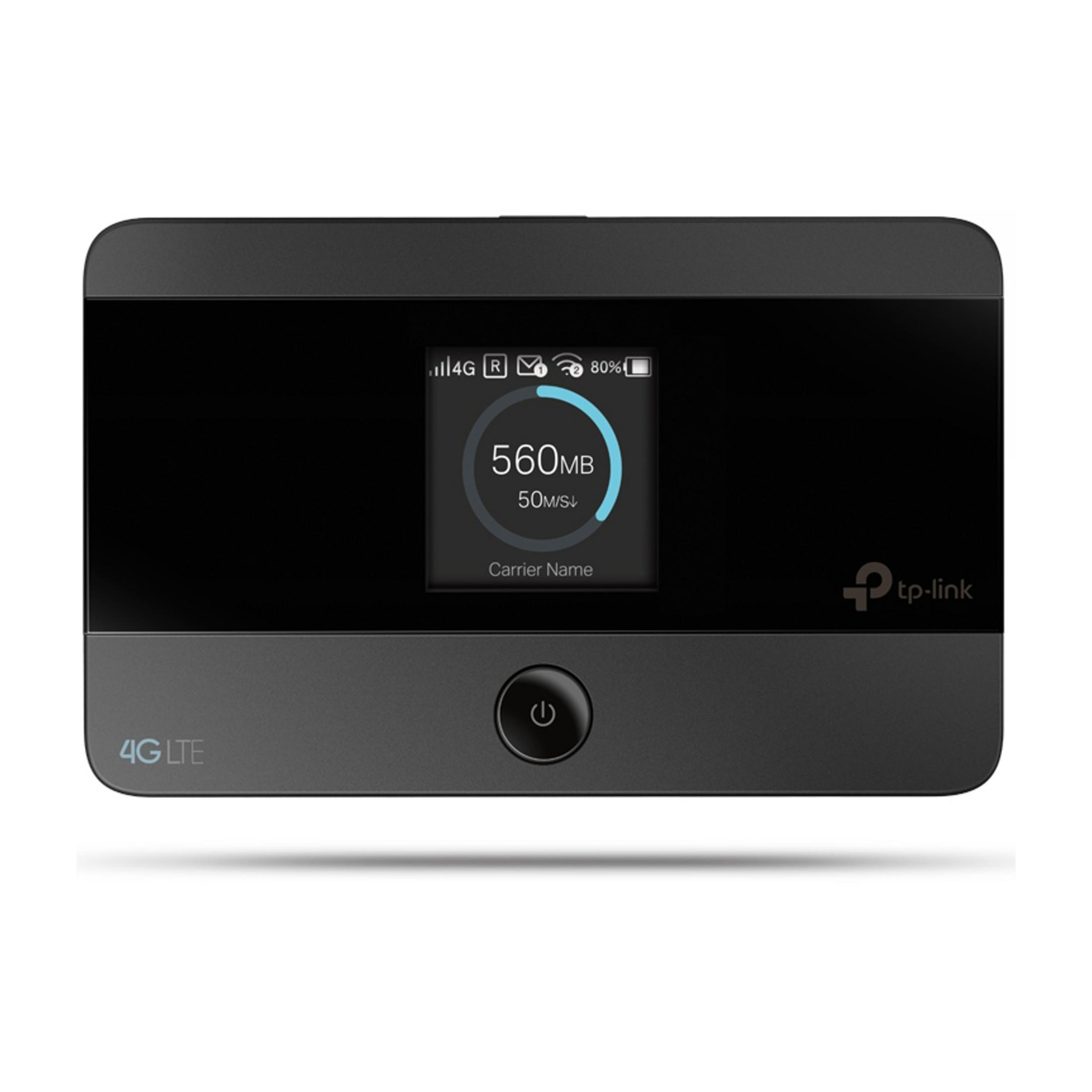 Un hotspot móvil TP-Link 4G LTE negro con pantalla que muestra 560 MB y 50 MB/s.