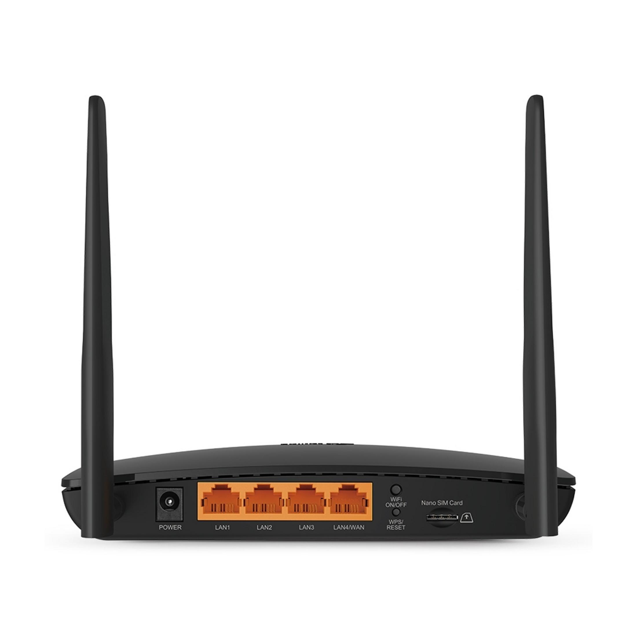 Schwarzer Router mit zwei Antennen, LAN-Anschlüssen und SIM-Kartenslot.