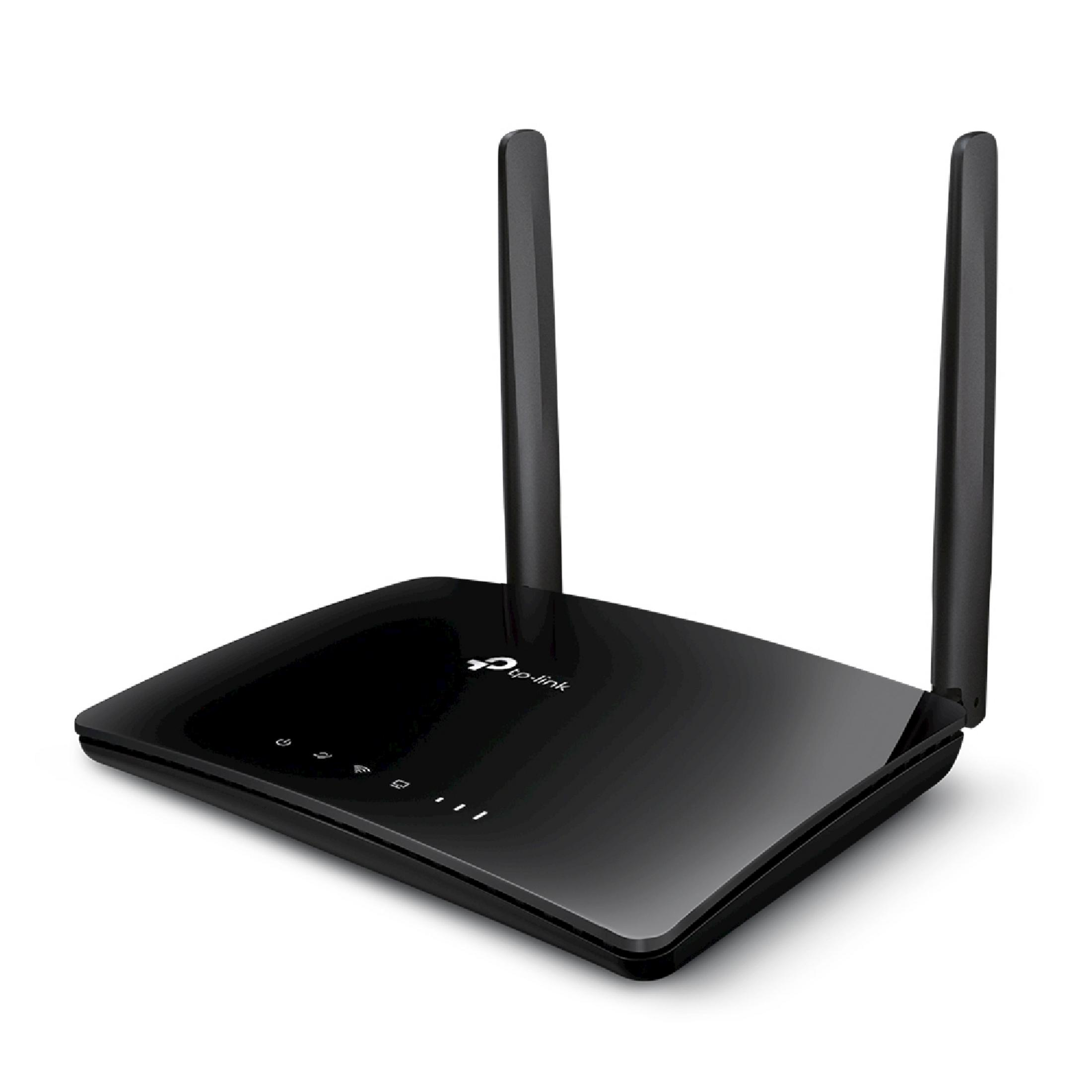 Czarny router Wi-Fi TP-Link z dwiema antenami na białym tle.
