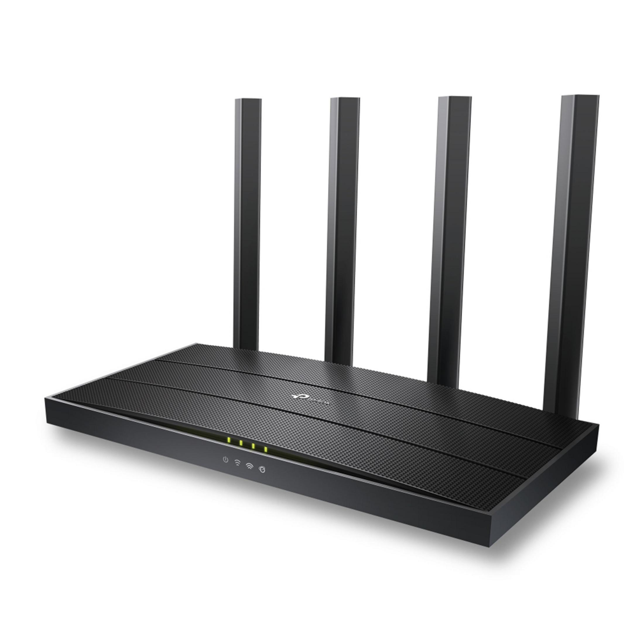 Routeur Wi-Fi noir avec quatre antennes et voyants LED verts.