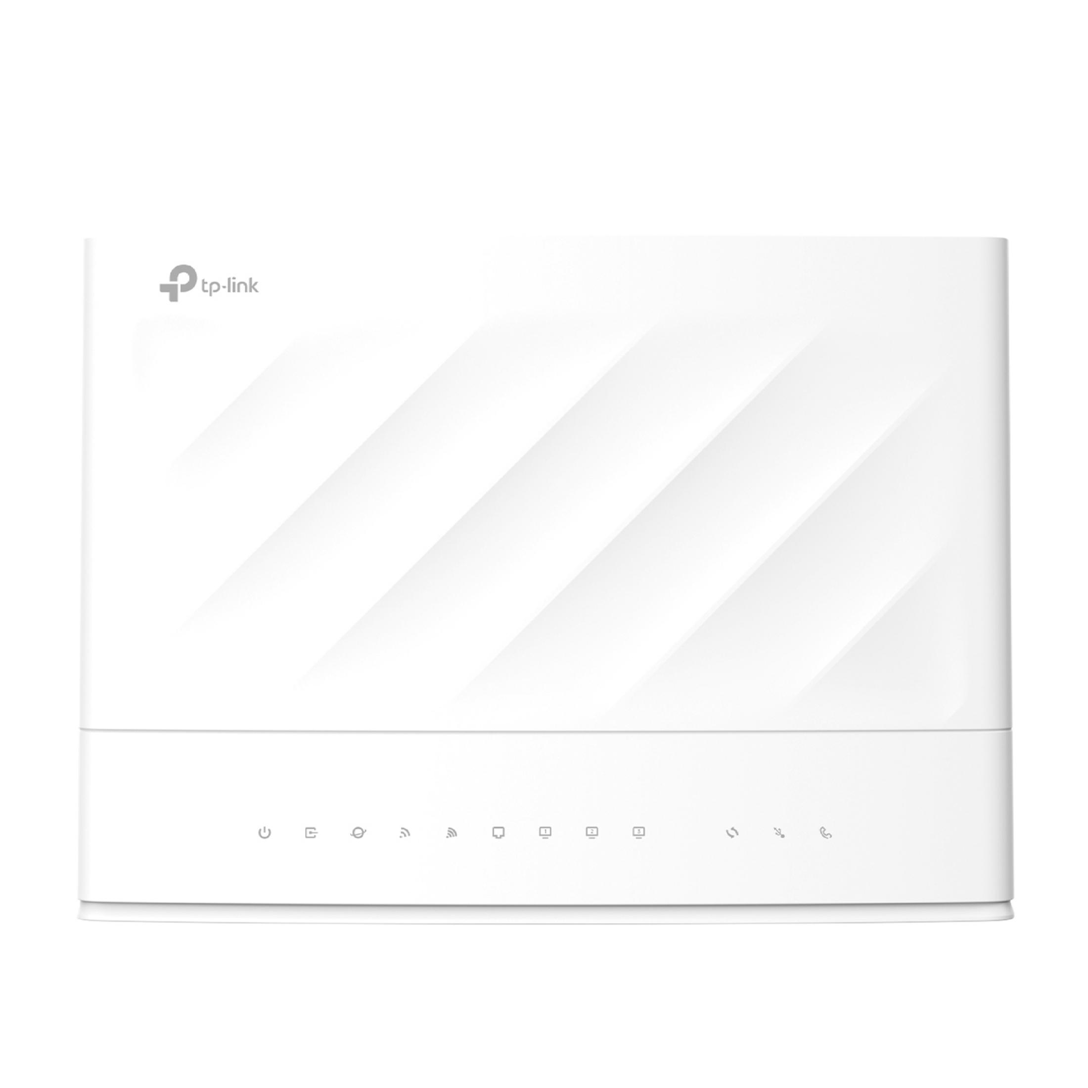 Un router TP-Link blanco con símbolos de encendido, internet y WiFi.