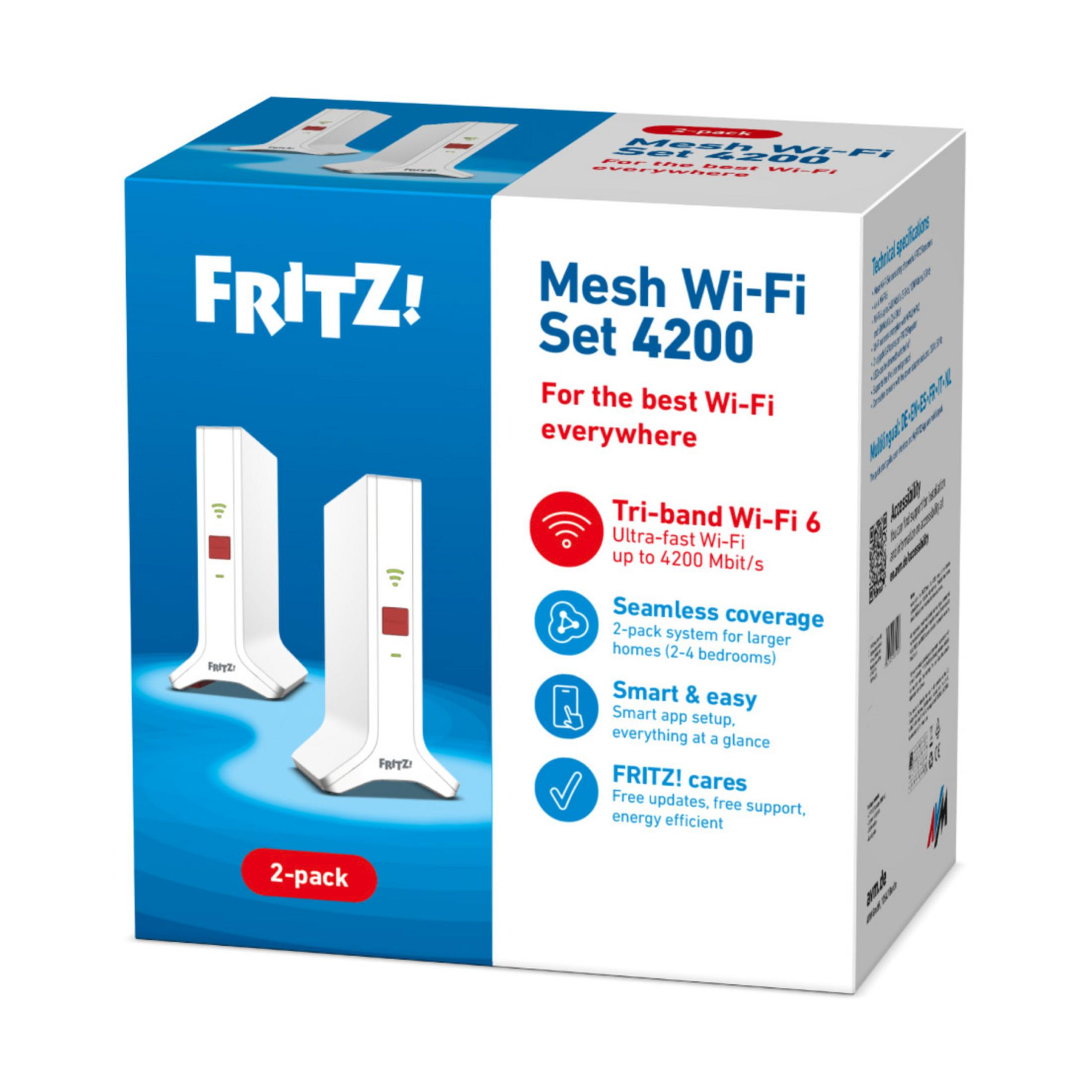 FRITZ! Mesh Wi-Fi Set 4200 lot de 2 avec deux répéteurs blancs.