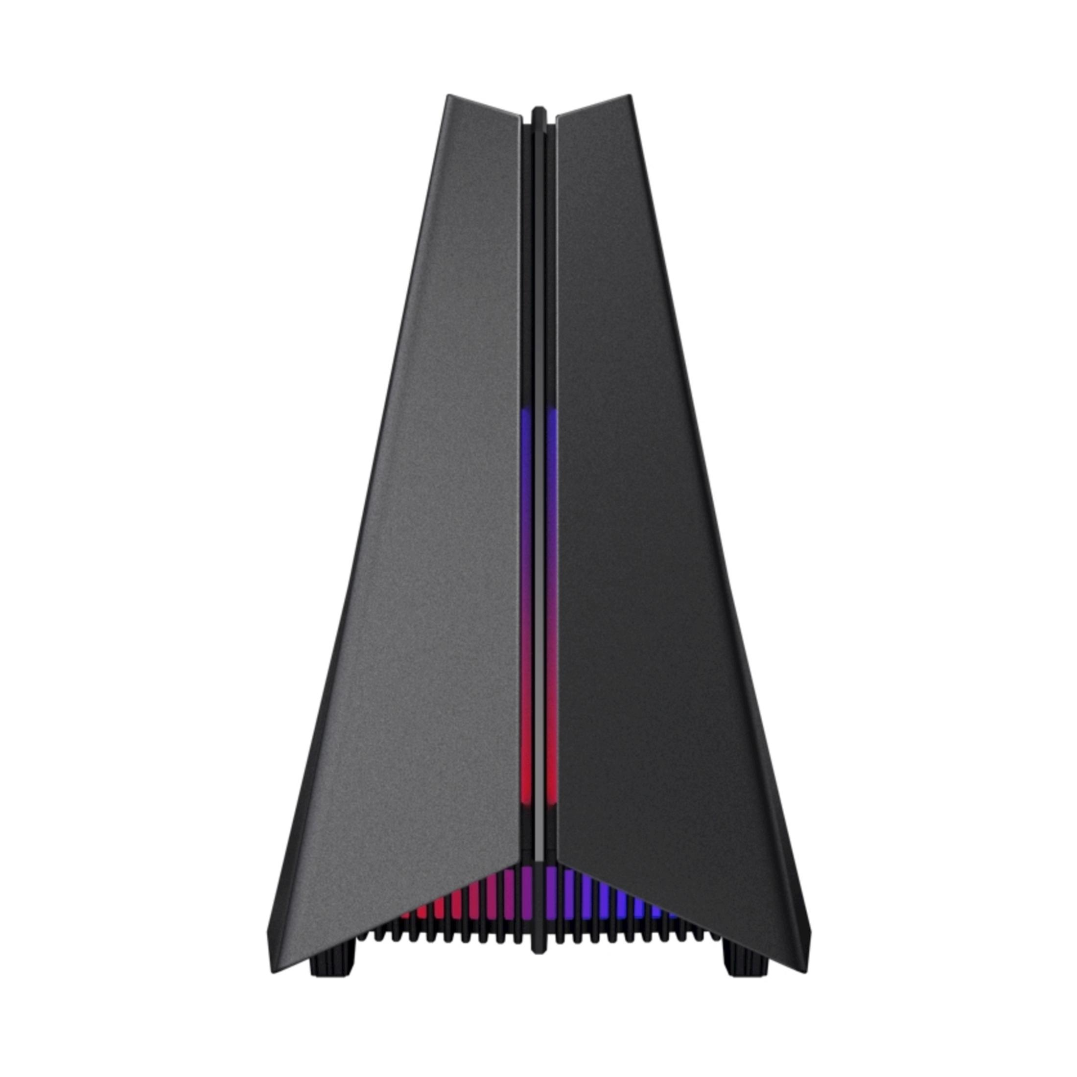 Czarna obudowa komputera z pionowymi paskami RGB w kolorach czerwonym, fioletowym i niebieskim.