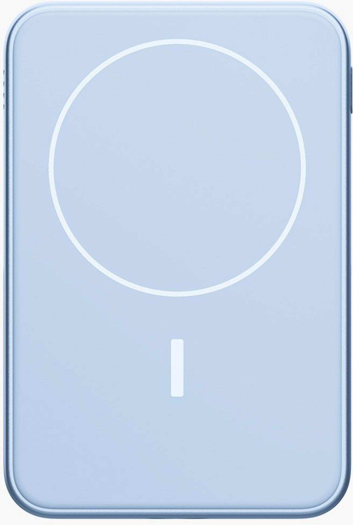 Base di ricarica azzurra con cerchio e linea bianchi.