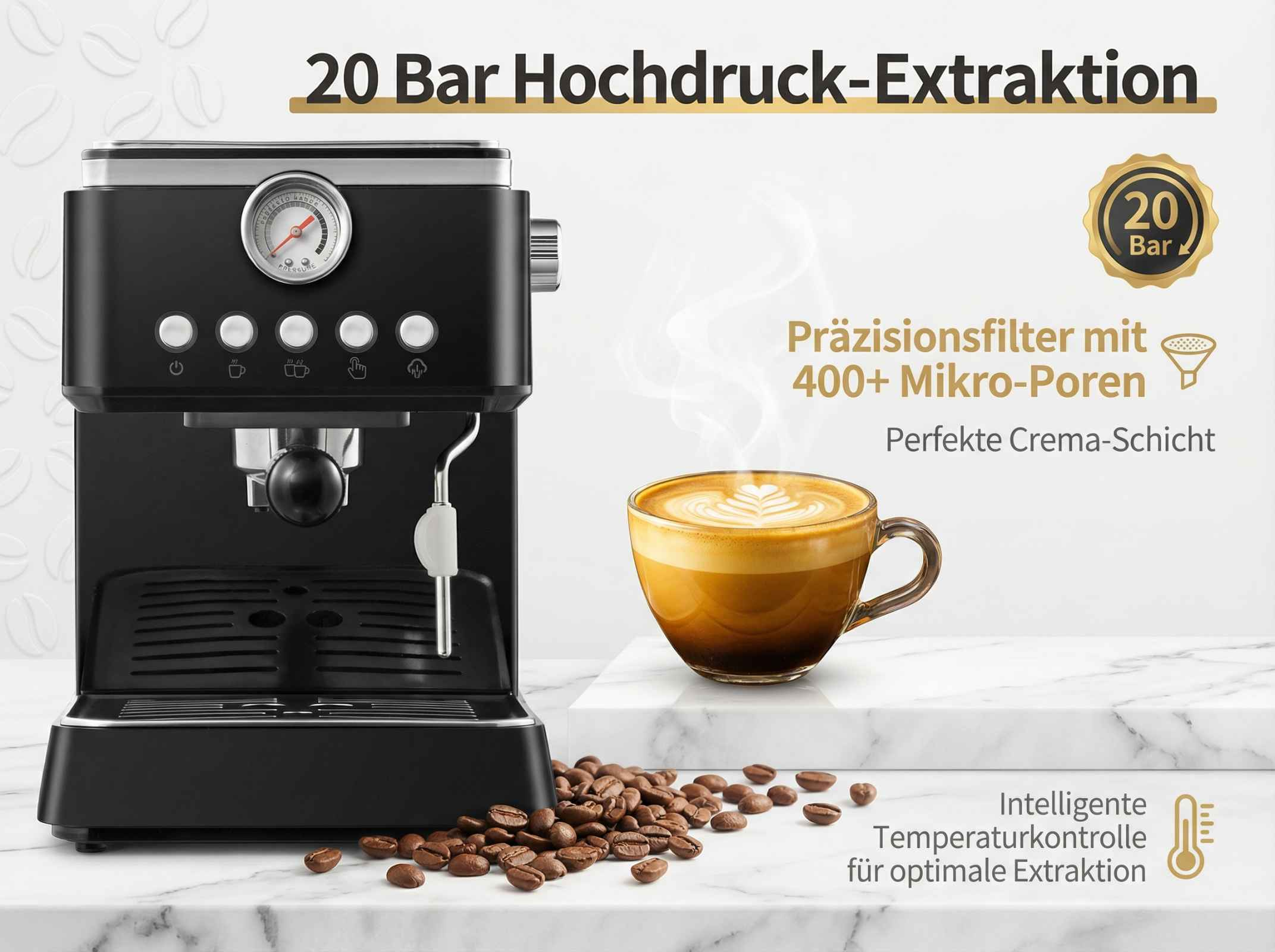 Schwarze Espressomaschine mit Siebträger, Tasse Kaffee, Bohnen und Text.